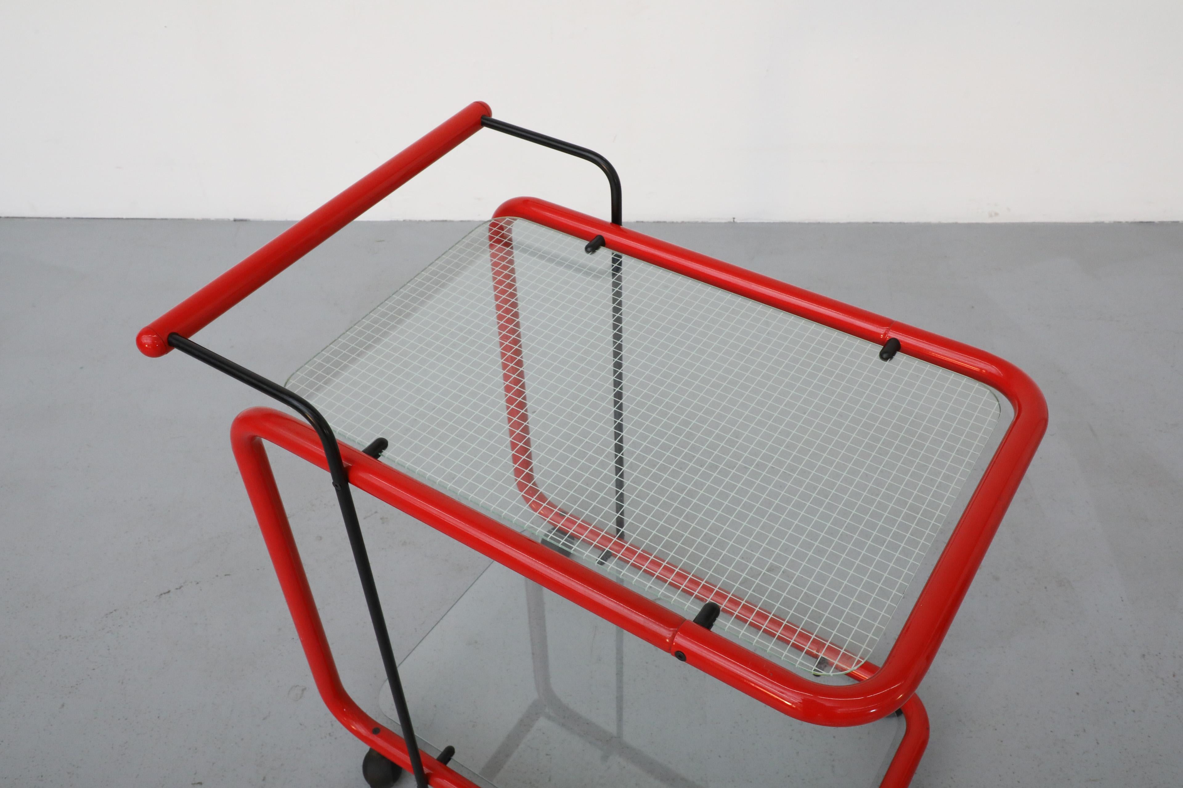 Memphis Style Post Modern Red Framed Two Tier Rolling Bar Cart with Grid Glass For Sale 2