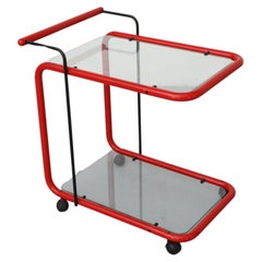 Memphis Style Post Modern Red Framed Two Tier Rolling Bar Cart with Grid Glass