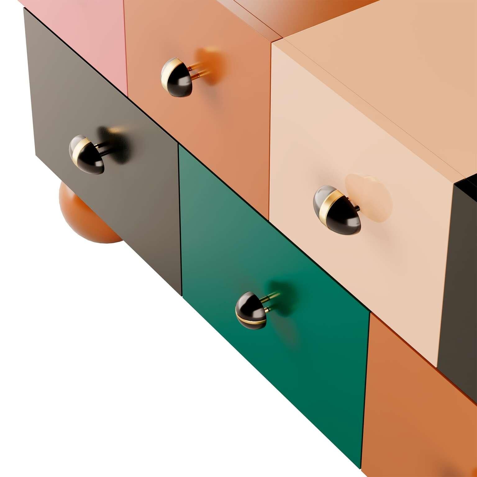 Memphis Style Sideboard Multicolor Lacquered in Pink, Green, Orange and Black
The Matrioska Chest of Drawers Multicolor is a visual wonder — from its exquisite craftsmanship to its bold impact. The exceptional design of this modern storage allows it