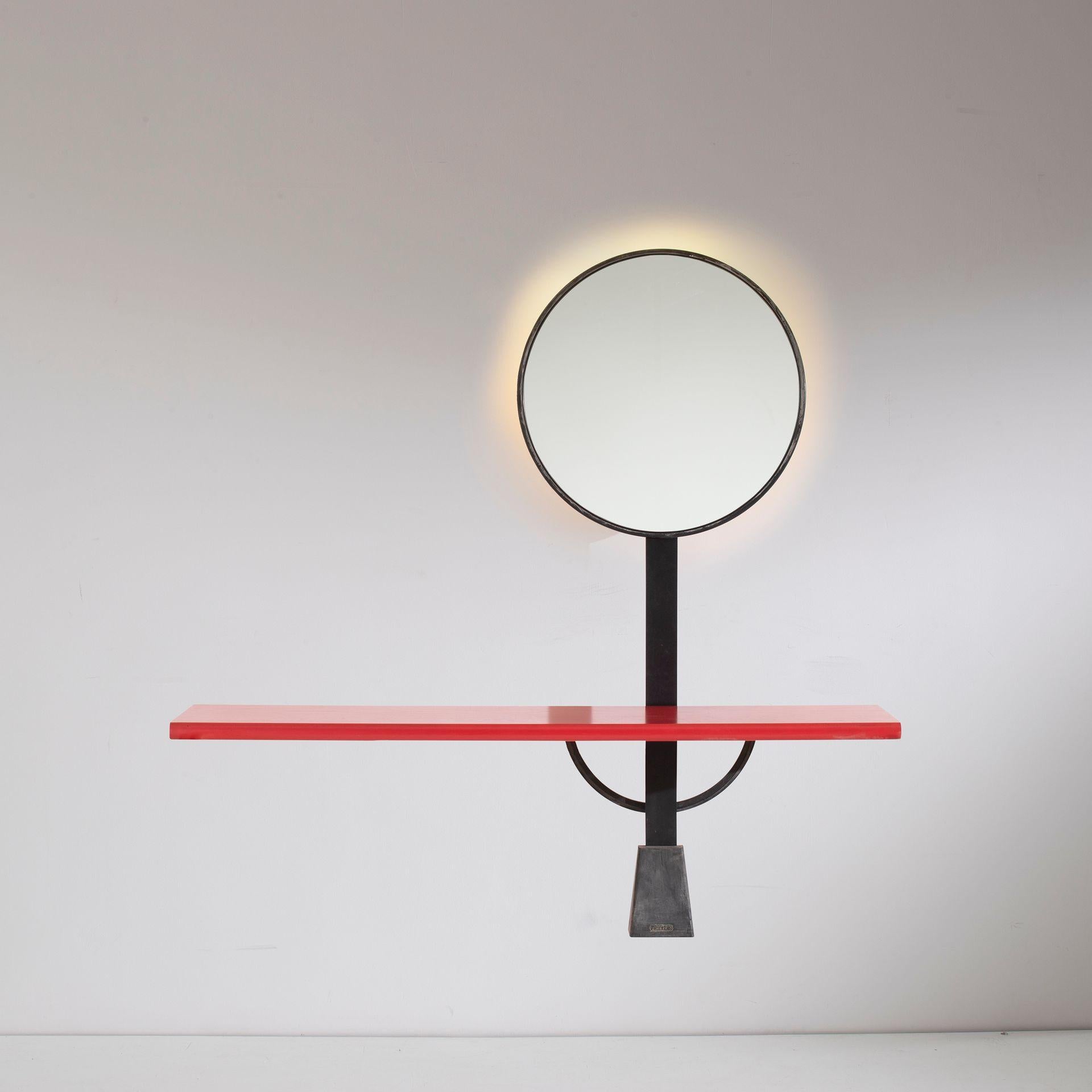 In this listing you will find a gorgeous minimalist red console with the back-lit adjustable mirror designed by Giotto Stoppino for Acerbis. The piece is called Solemio. Made in Italy in 1980s.

Mirror and console are both in a good vintage