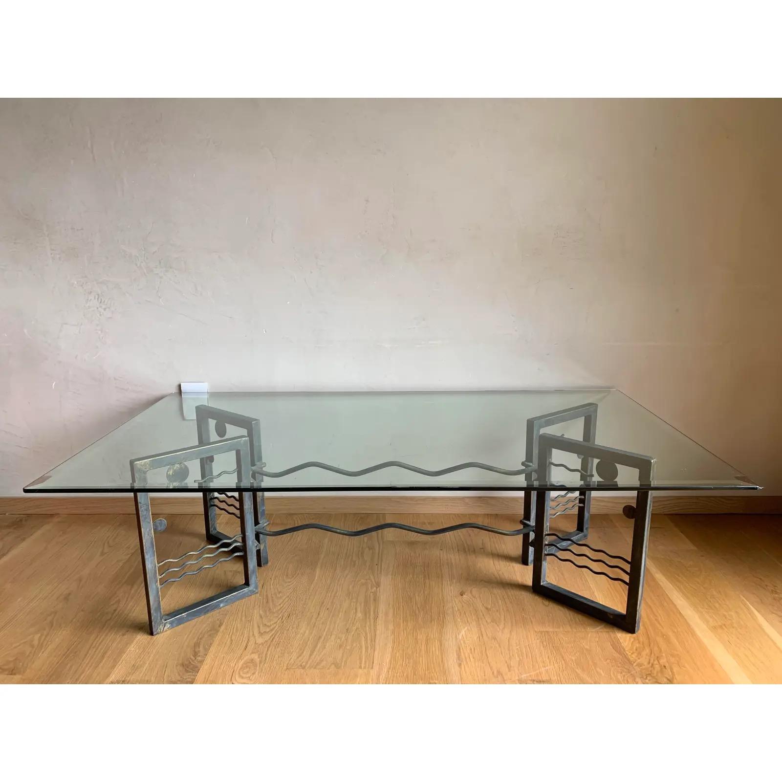 Outrageous, artist-made welded iron Memphis Style coffee table depicting celestial scene or stylized sky. Heavy beveled glass top.

