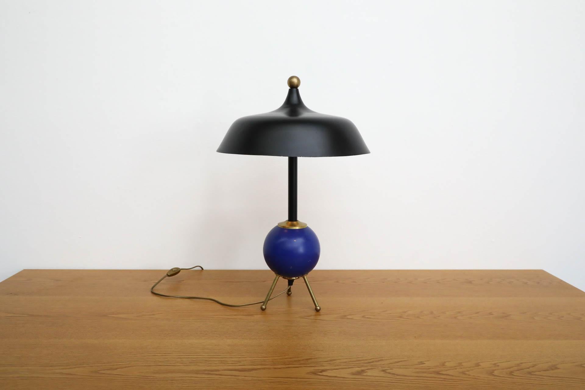 Post-Modern Memphis Style Table Lamp with Cobalt Blue Orb and Brass Accents