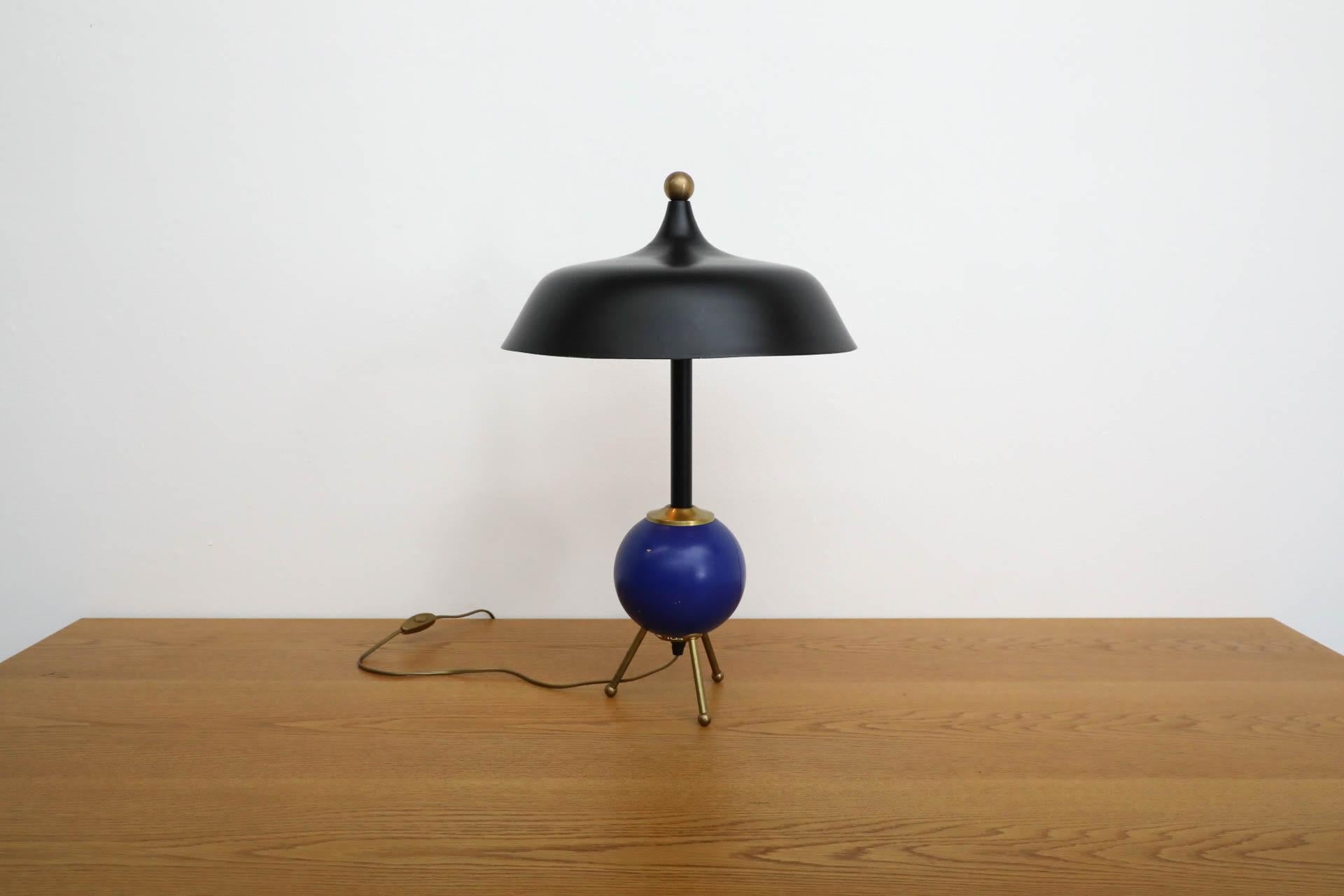 Belgian Memphis Style Table Lamp with Cobalt Blue Orb and Brass Accents
