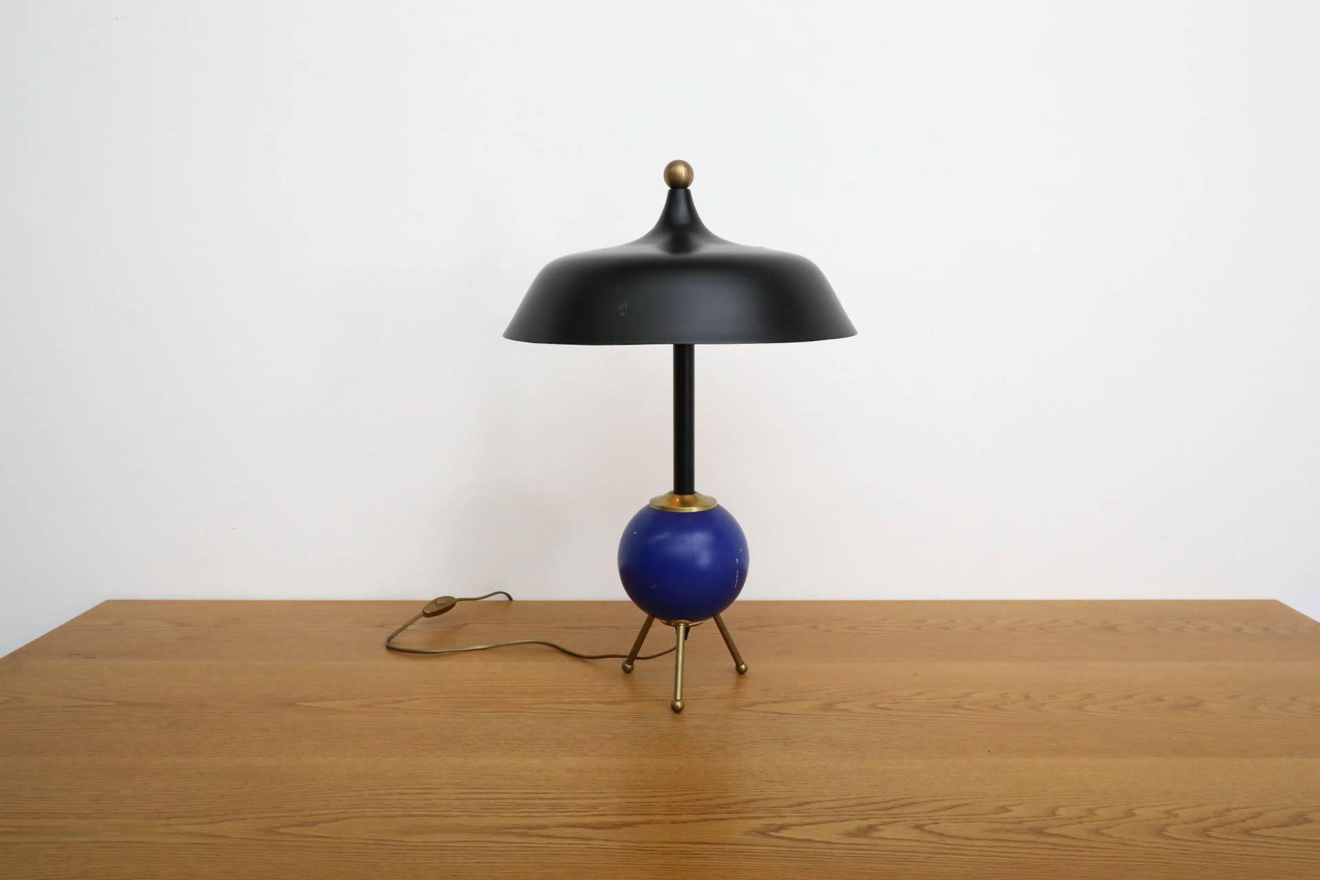 Lacquered Memphis Style Table Lamp with Cobalt Blue Orb and Brass Accents