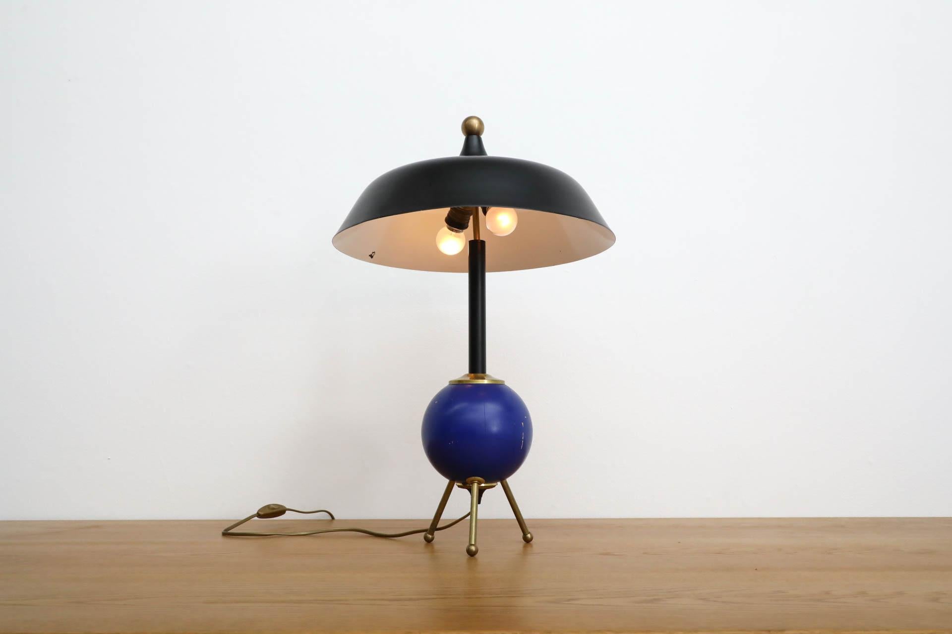Memphis Style Table Lamp with Cobalt Blue Orb and Brass Accents In Good Condition In Los Angeles, CA