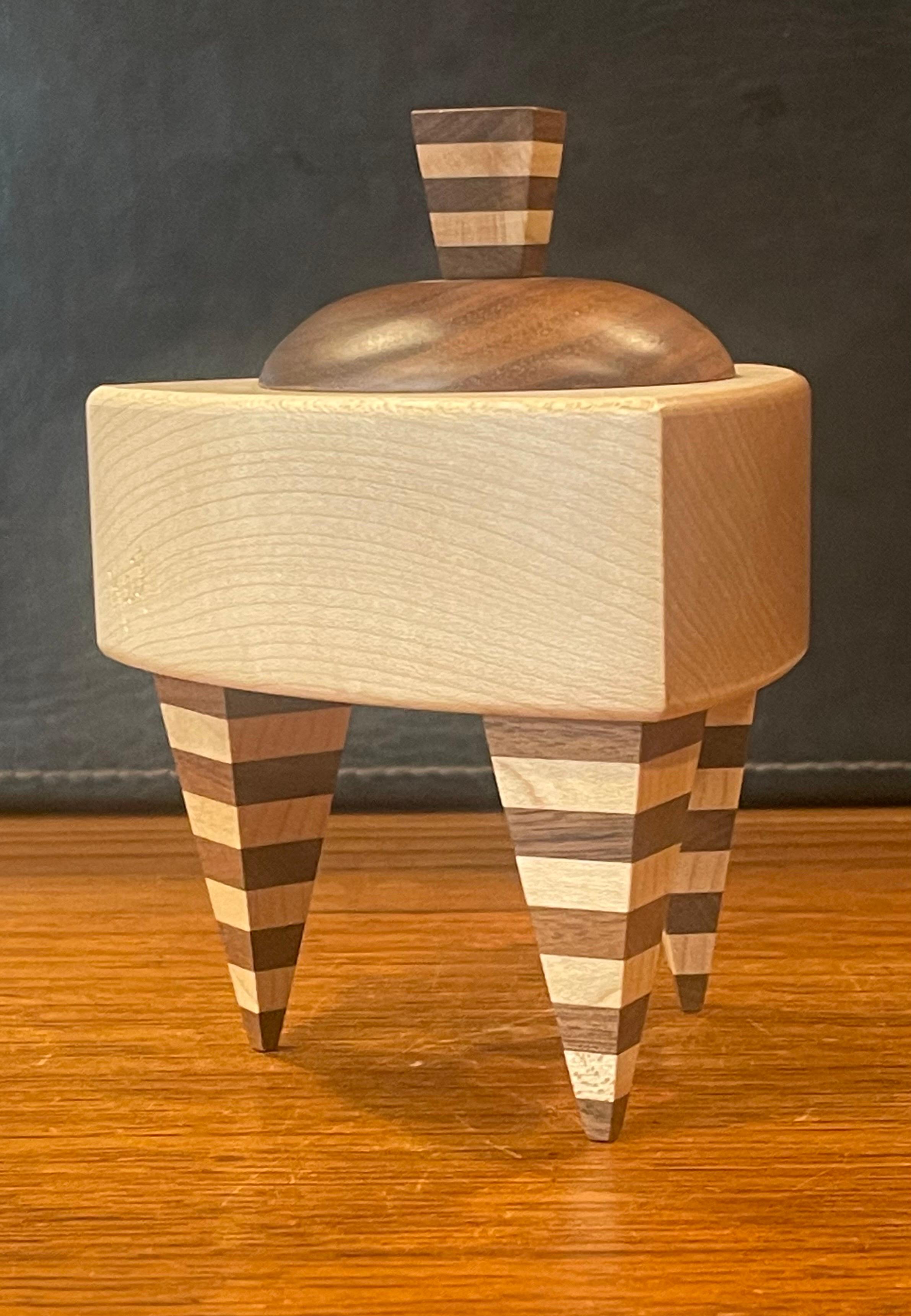 Memphis Style Triangular Mixed Wood Trinket Box by Russ Keil For Sale 1