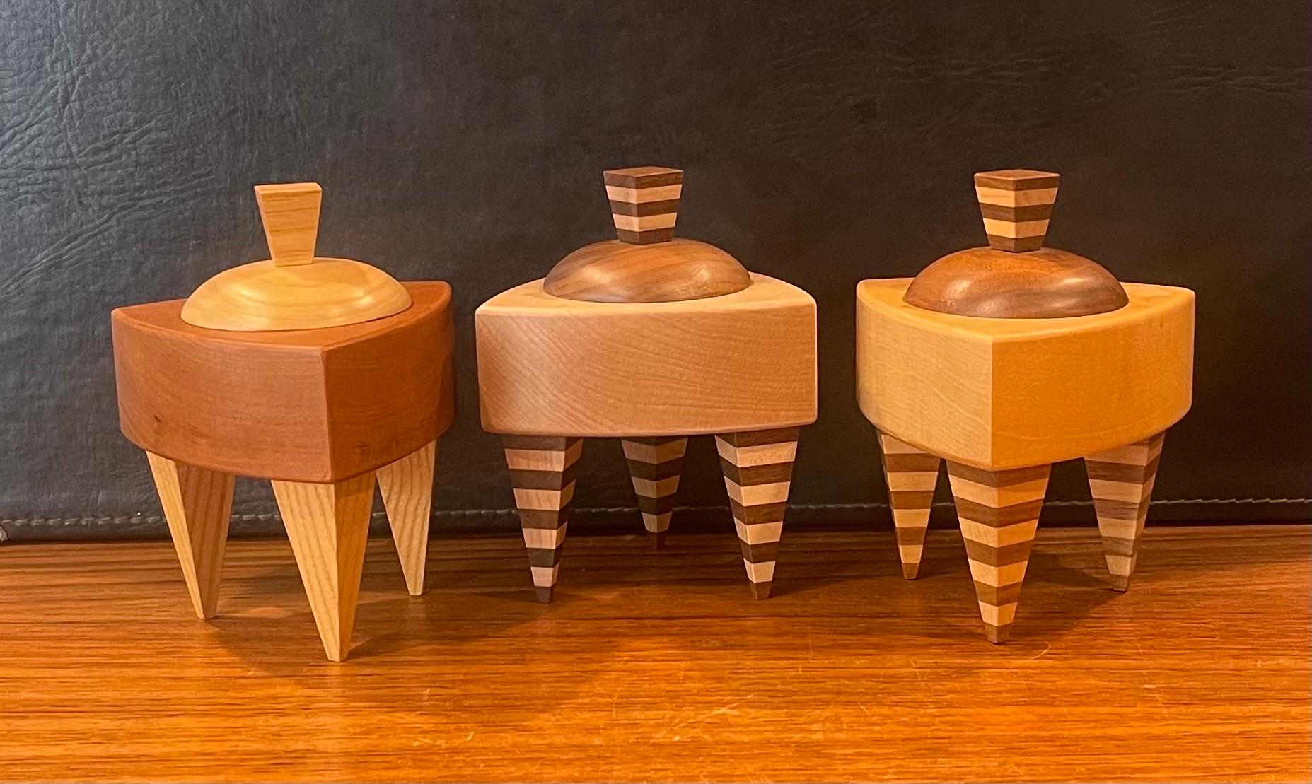Memphis Style Triangular Mixed Wood Trinket Box by Russ Keil For Sale 8