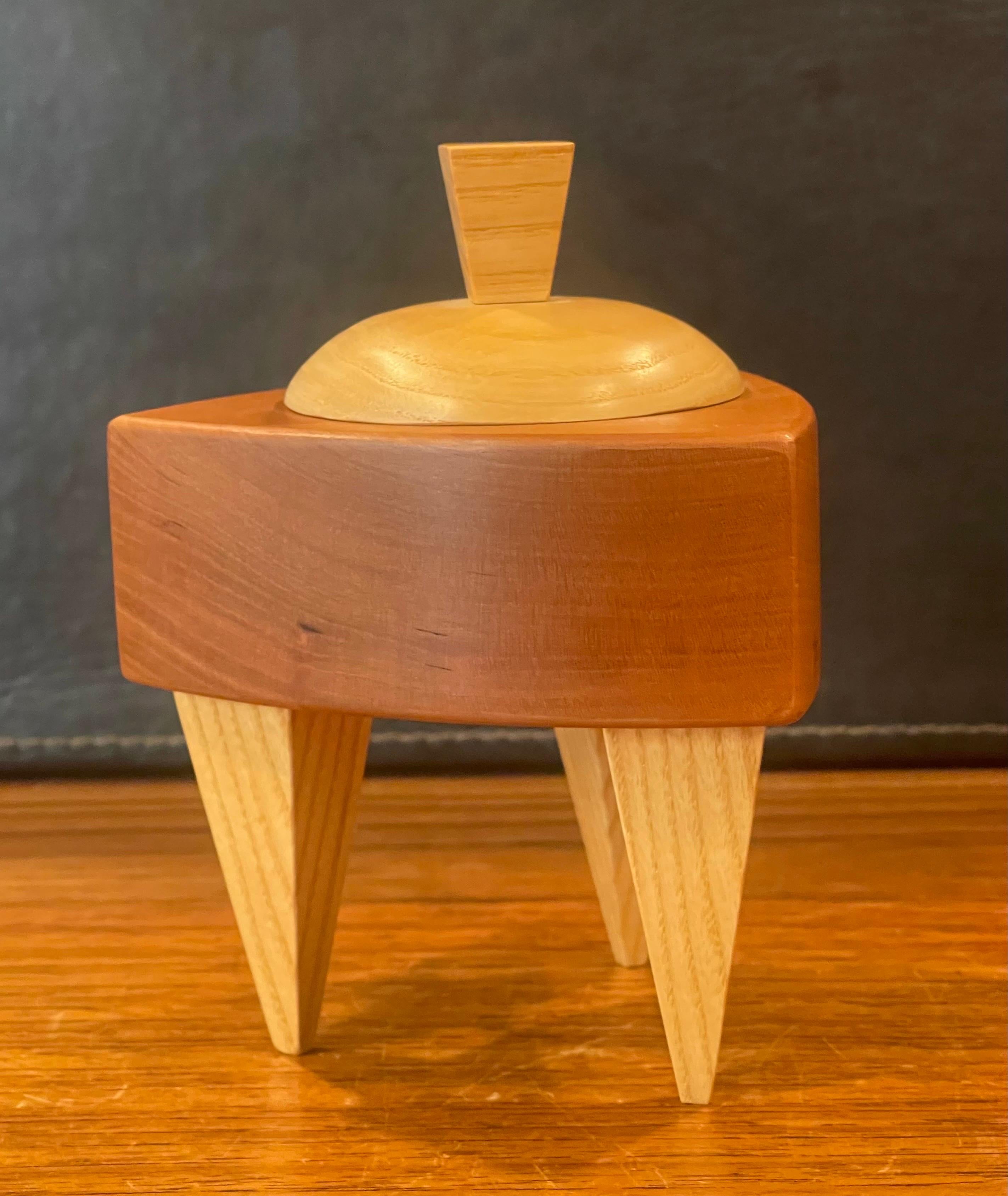 Post-Modern Memphis Style Triangular Mixed Wood Trinket Box by Russ Keil For Sale