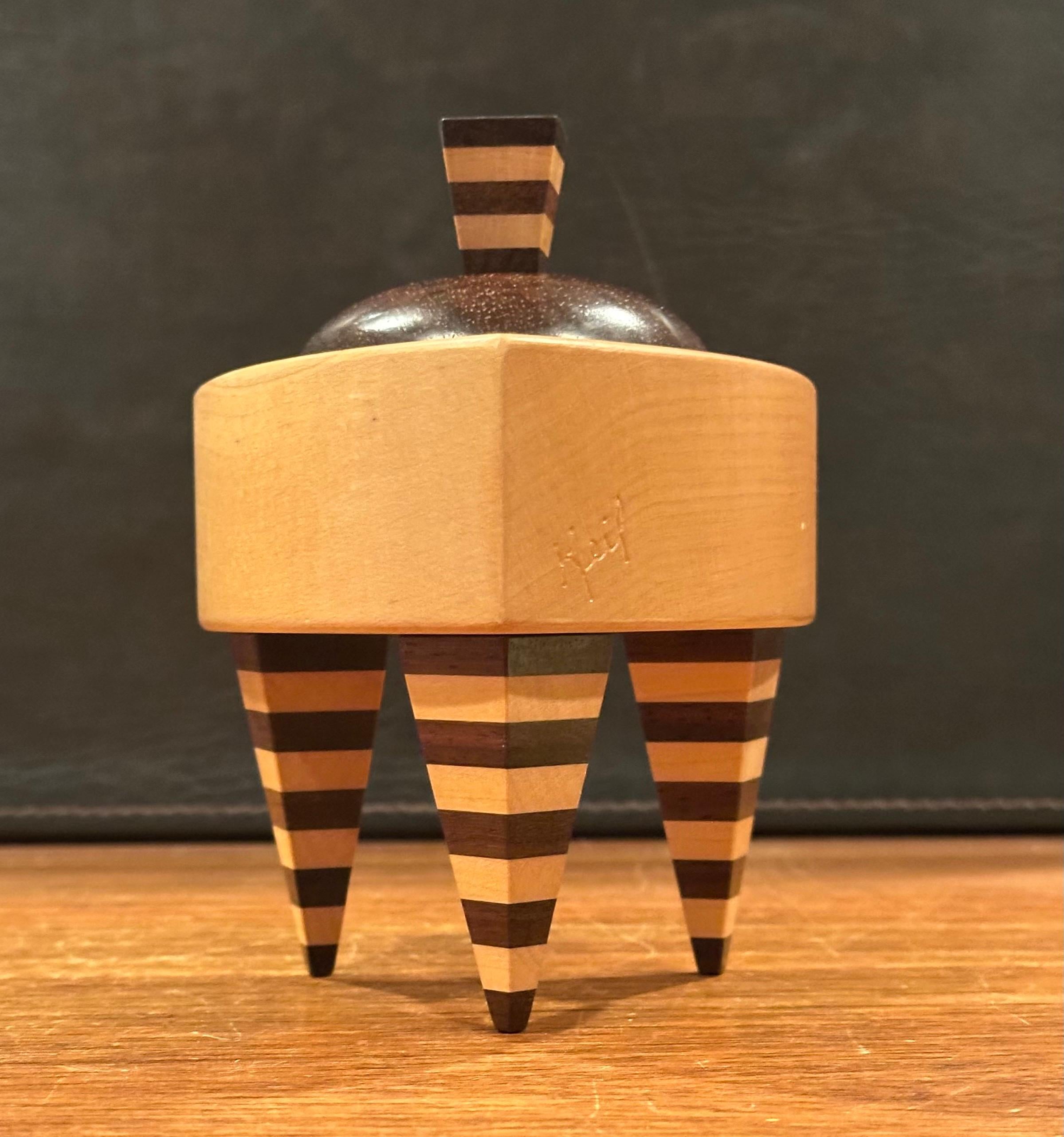Memphis Style Triangular Mixed Wood Trinket Box by Russ Keil In Good Condition For Sale In San Diego, CA