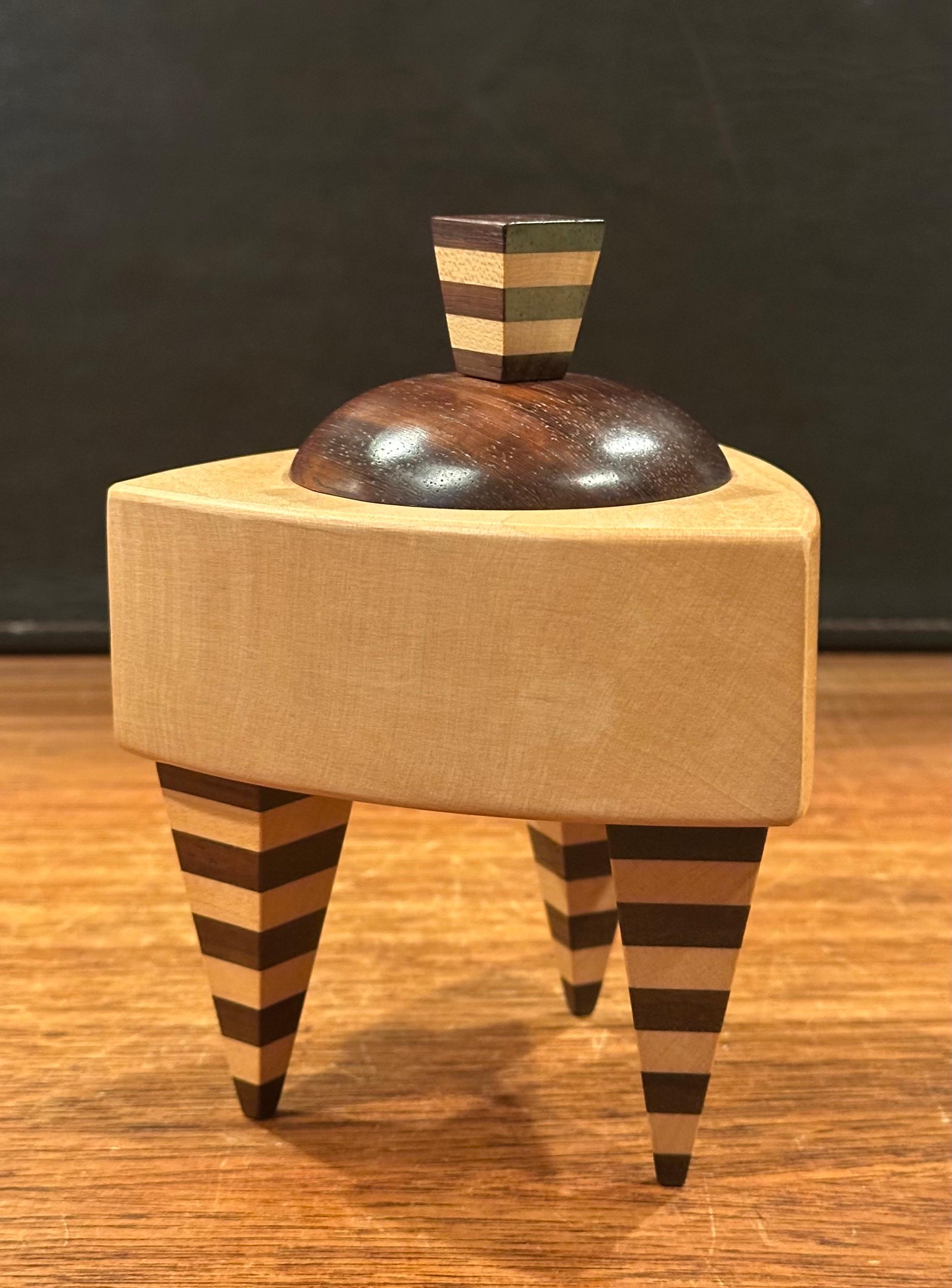 Memphis Style Triangular Mixed Wood Trinket Box by Russ Keil For Sale 1