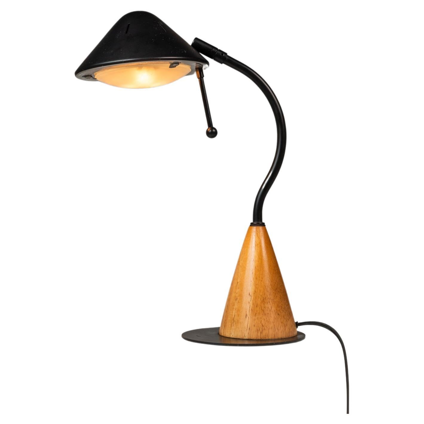 Memphis-Style 
UFO
 Adjustable Halogen Table Desk Lamp w/ Oak Base, c. 1980s For Sale