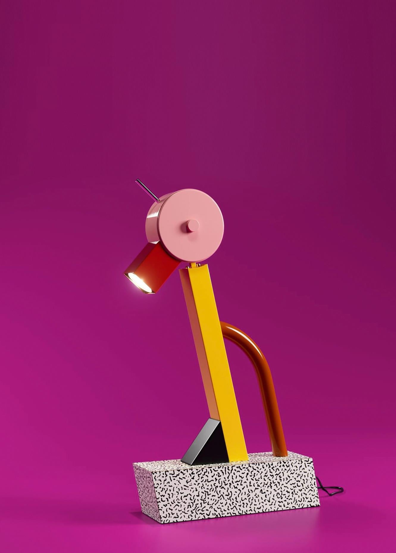 This superbly designed and iconic table lamp by Ettore Sottsass is sure to make a statement on any contemporary desk, console, or nightstand. It  features an eye-catching silhouette that strikingly resembles the shape of a duck. The base is crafted