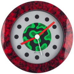 Vintage Memphis Wall Clock, Red Marble Effect, du Pasquier & Sowden x Neos, Italy, 1980s