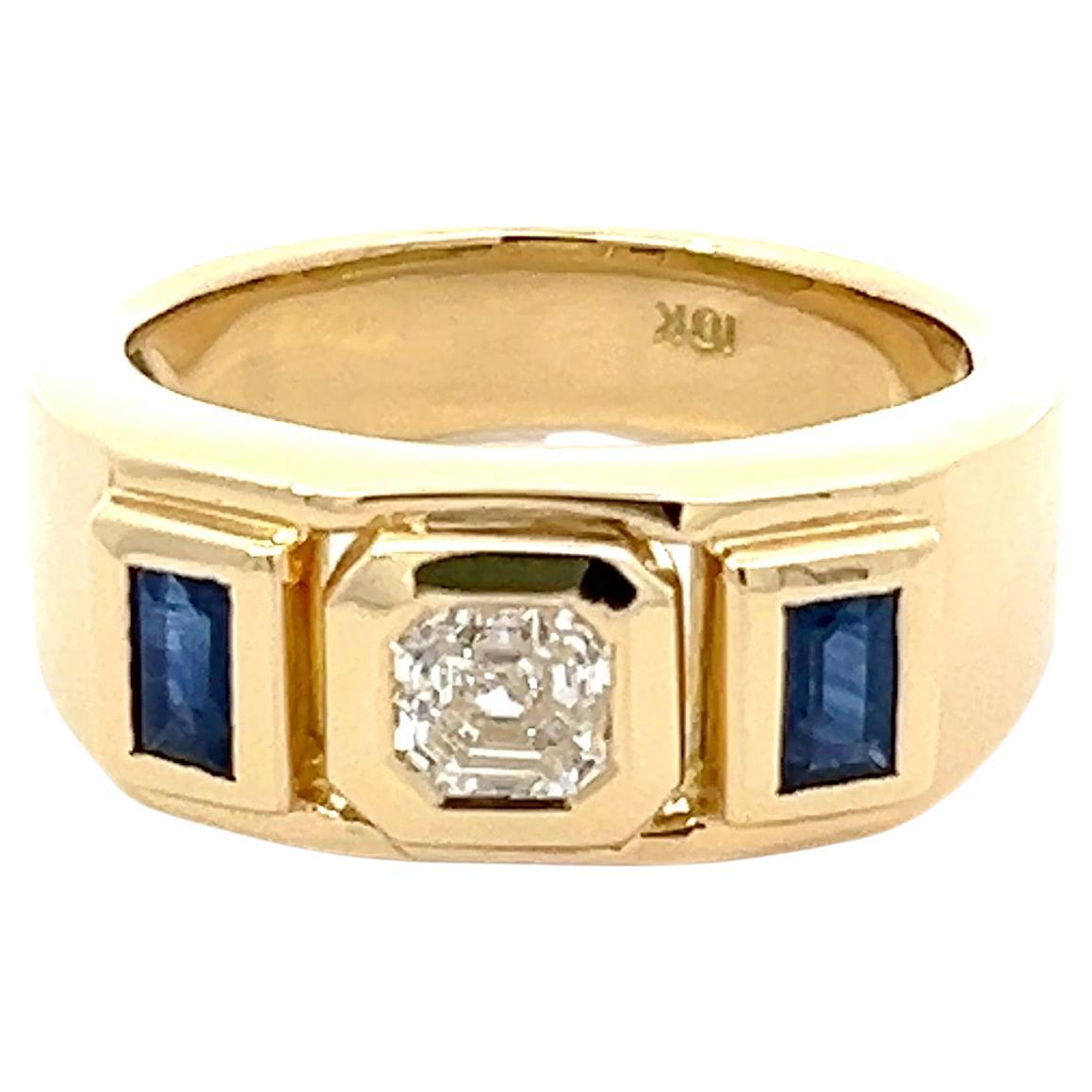 Men 18k Yellow Gold 0.90ct Royal Asscher Cut Diamond 0.75tct Sapphire Baguettes  For Sale