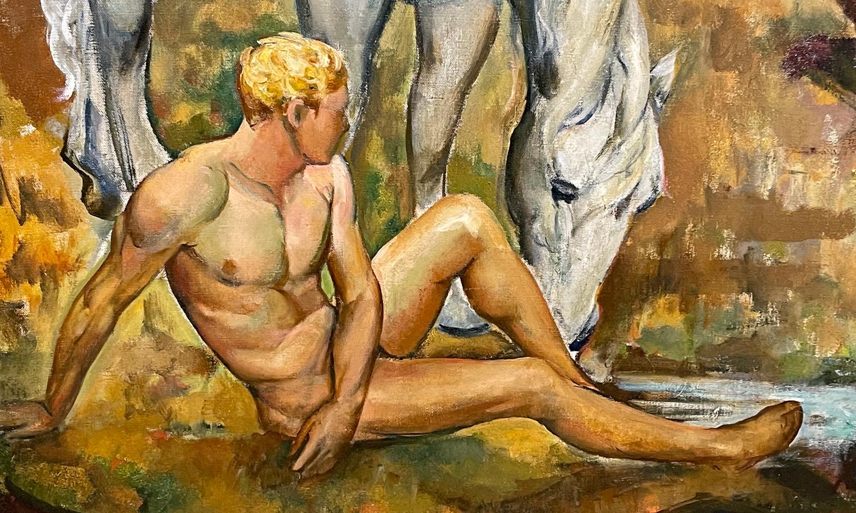 Extraordinary, large and historically important, this painting of three young nude men riding and accompanying a group of horses in a hilly setting was painted in 1932 by Kenneth Bates. The painting was exhibited at two important venues over the