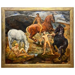 "Men and Horses, " Large, Important Oil Painting w/ Nudes by Bates, Corcoran