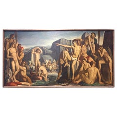 "Men Bathing at the Sea," Large Masterpiece Painting with Male Nudes, Chavannes