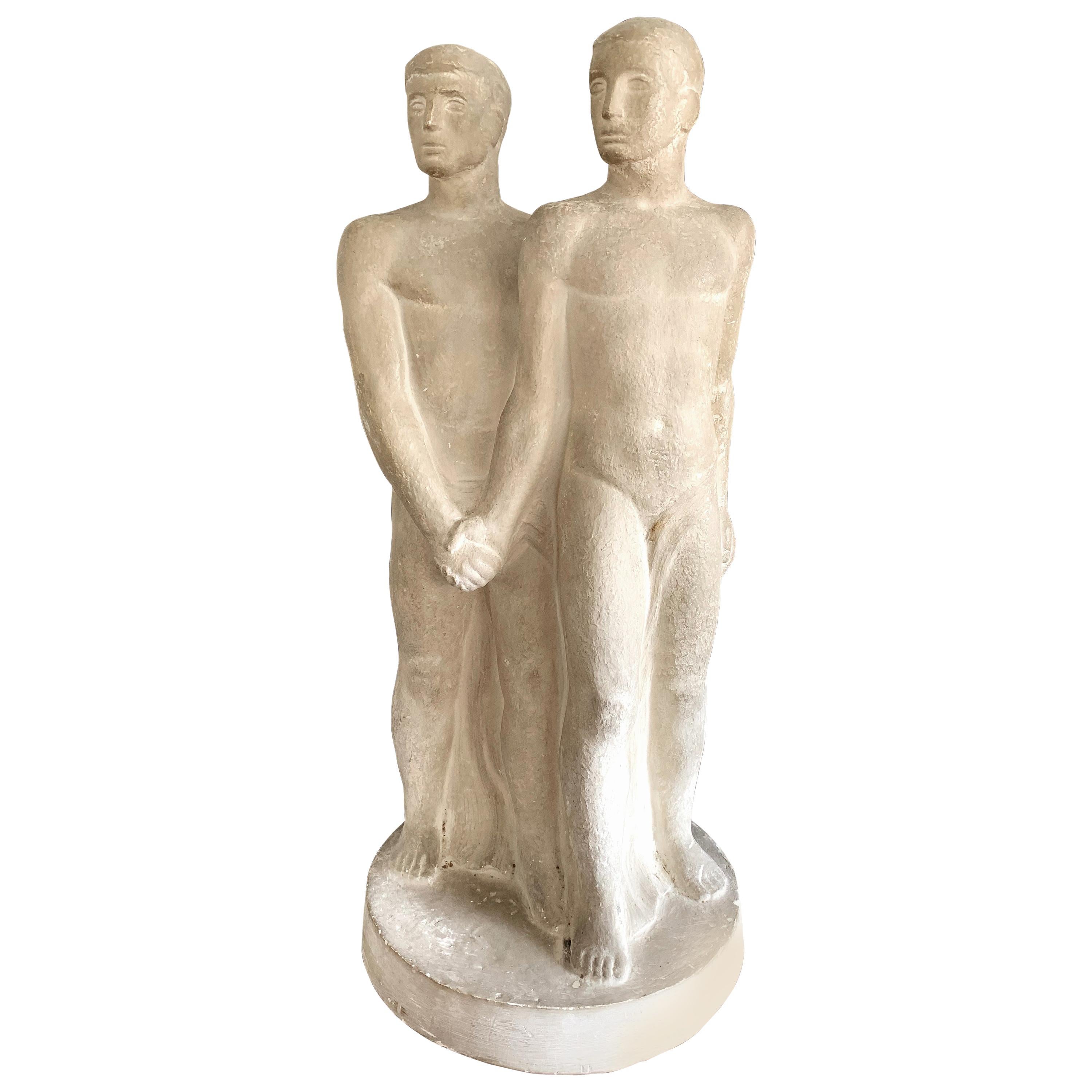 "Men Clasping Hands, " Unique Art Deco Sculpture of Nude Male Couple