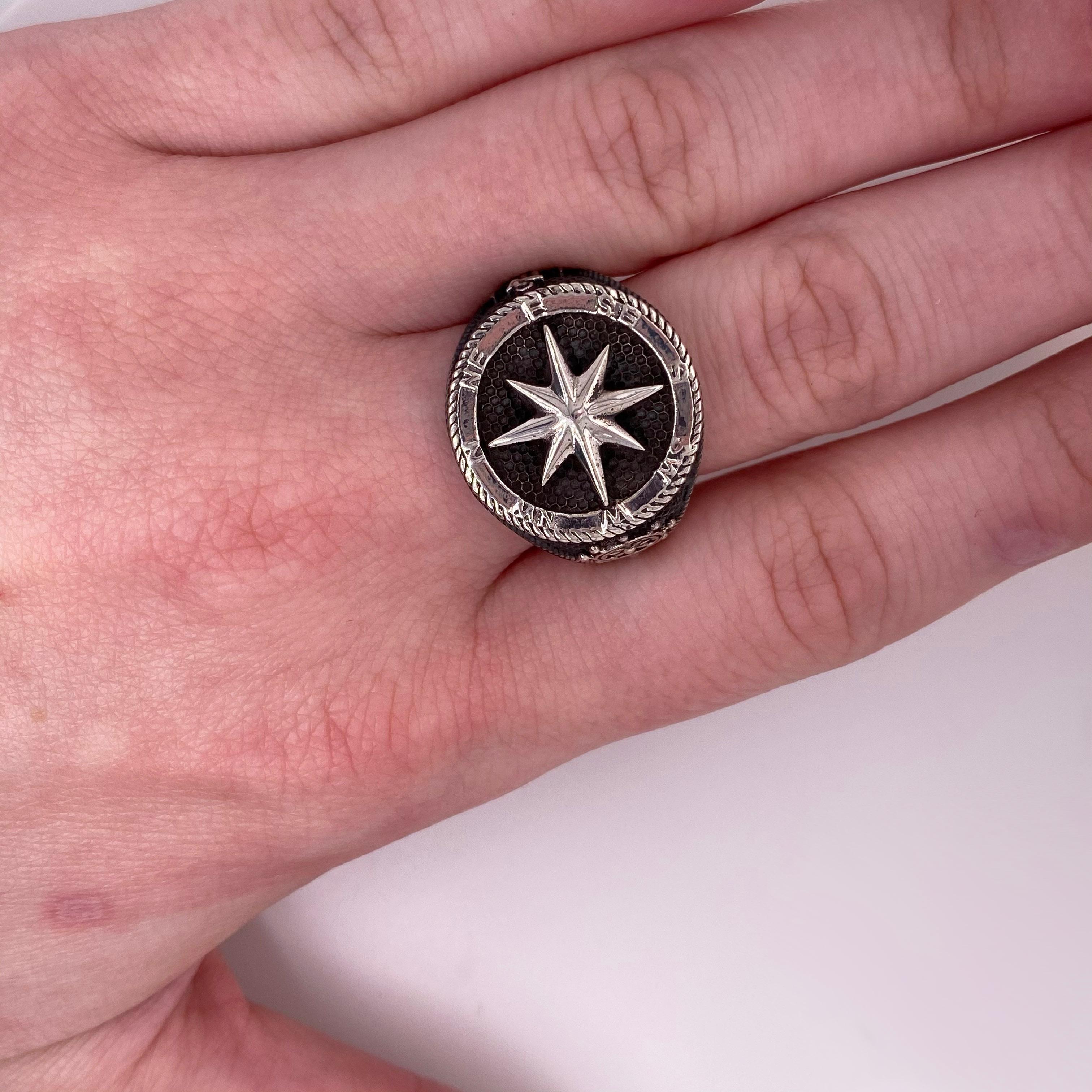 Artisan Men Compass Ring, Sterling Silver Northstar Compass Ring