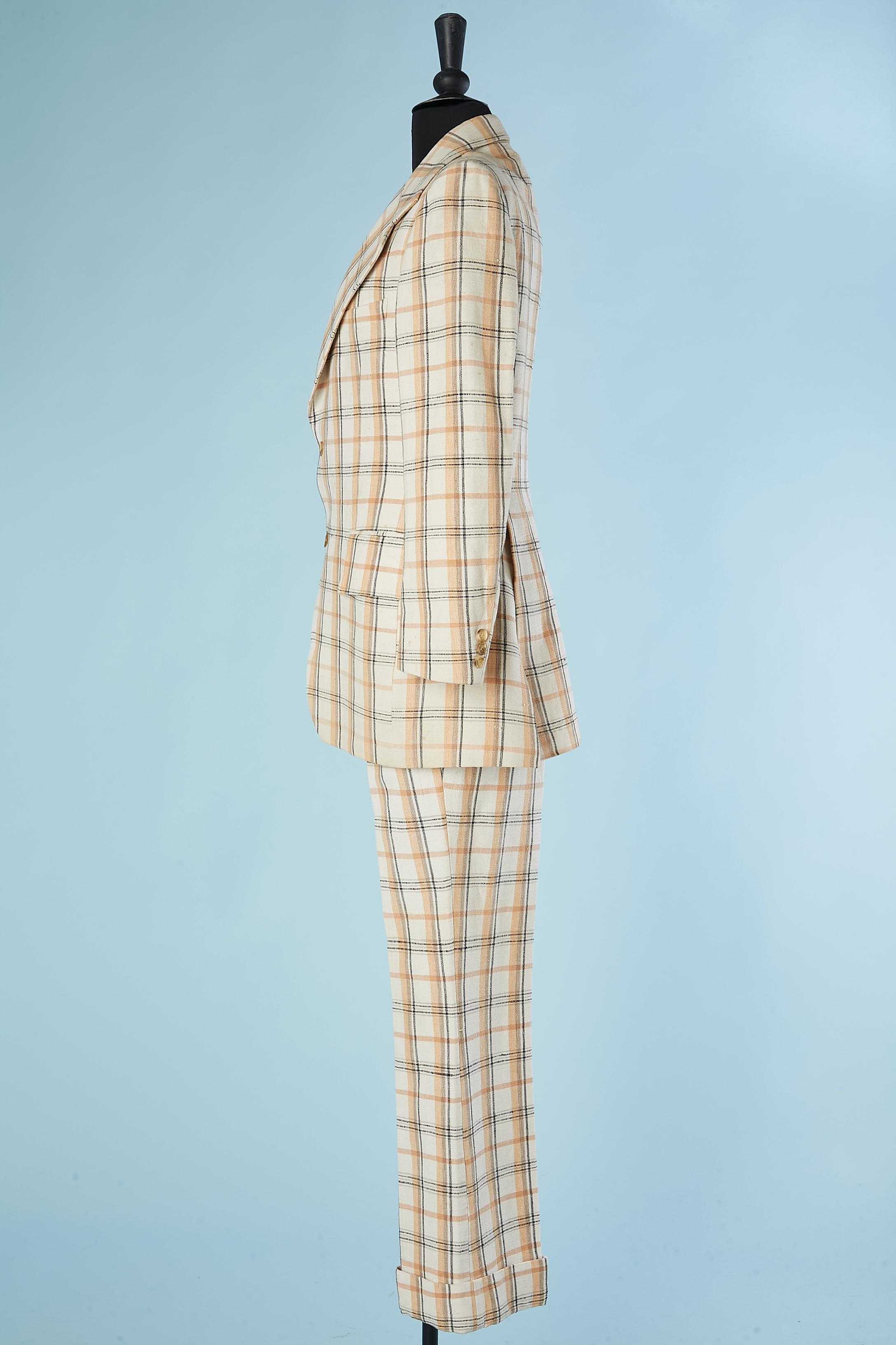 Beige Men cotton and raw silk trouser-pant suit with check Pierre Cardin Boutique Line For Sale