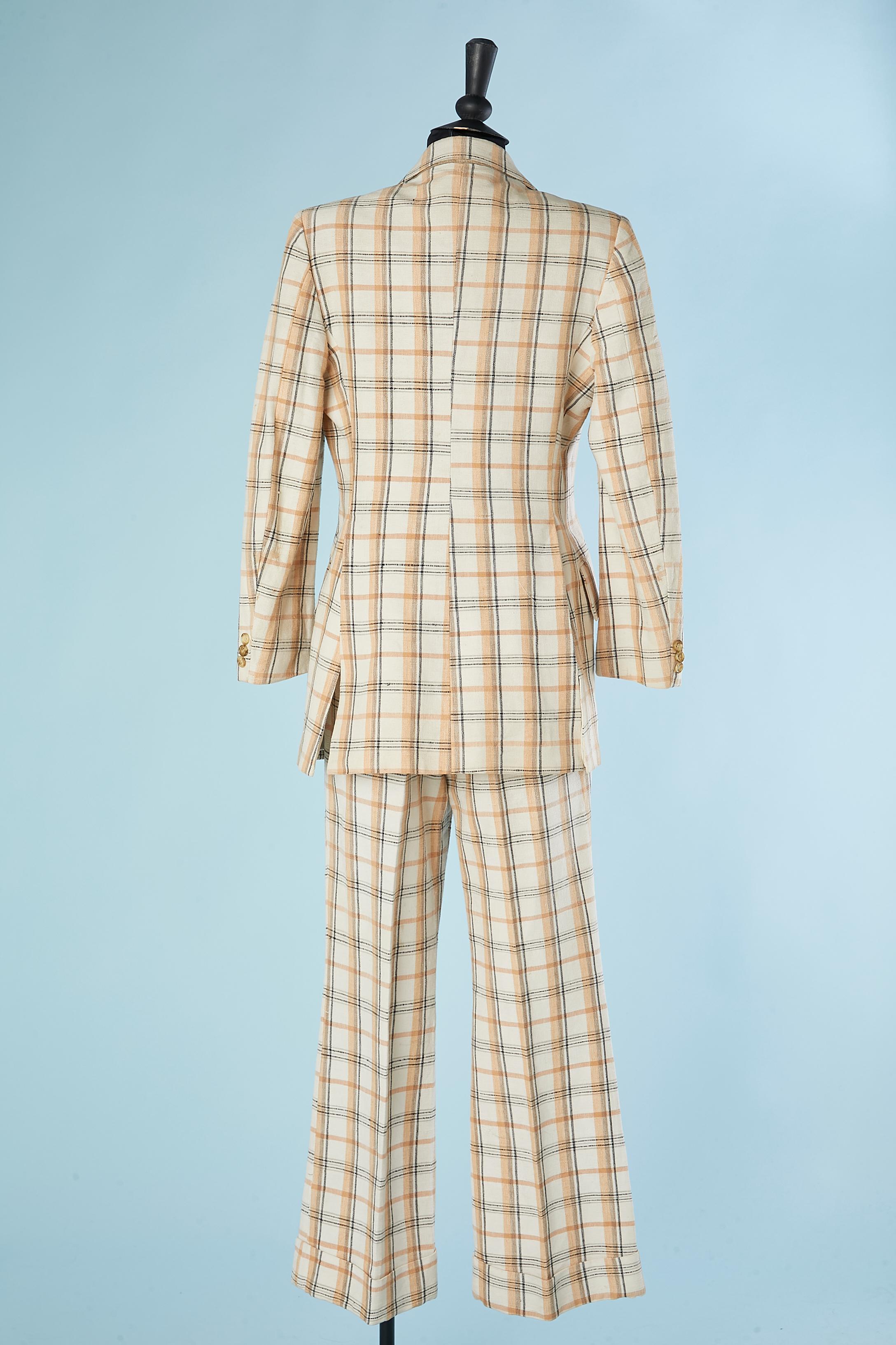 Men cotton and raw silk trouser-pant suit with check Pierre Cardin Boutique Line In Good Condition For Sale In Saint-Ouen-Sur-Seine, FR