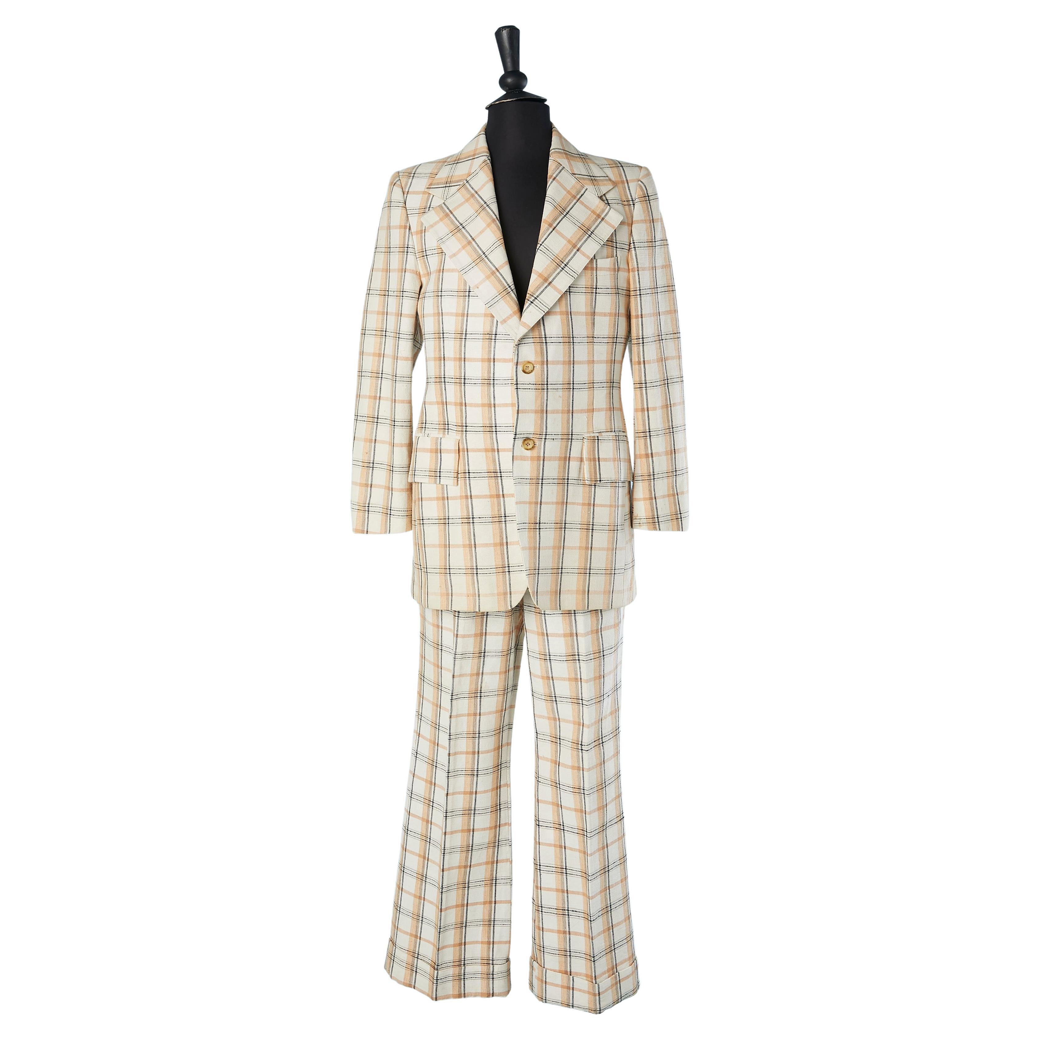 Men cotton and raw silk trouser-pant suit with check Pierre Cardin Boutique Line For Sale