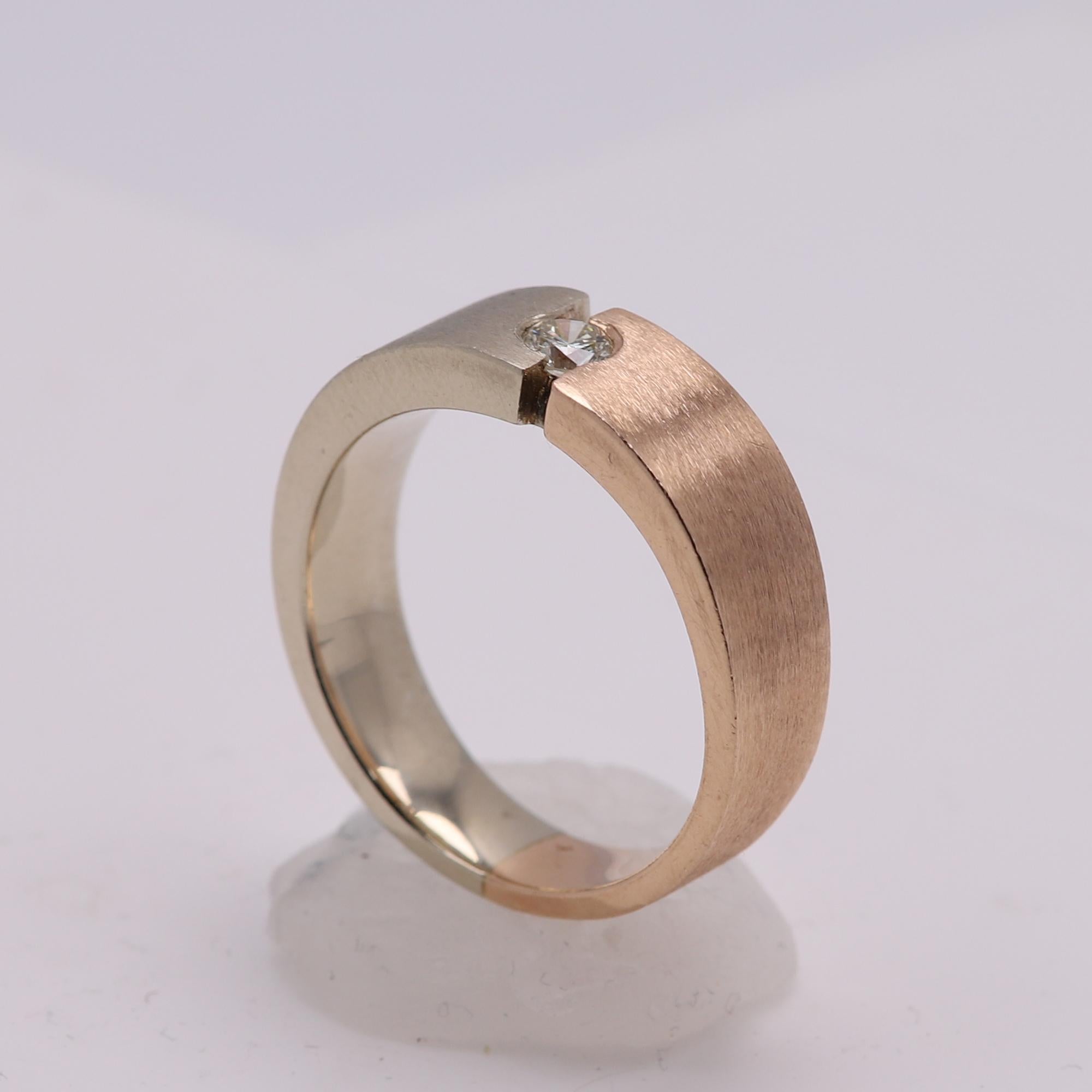 Round Cut Men Diamond Ring 14 Karat Two Tone Brushed Gold Mens Band Rose and White Gold