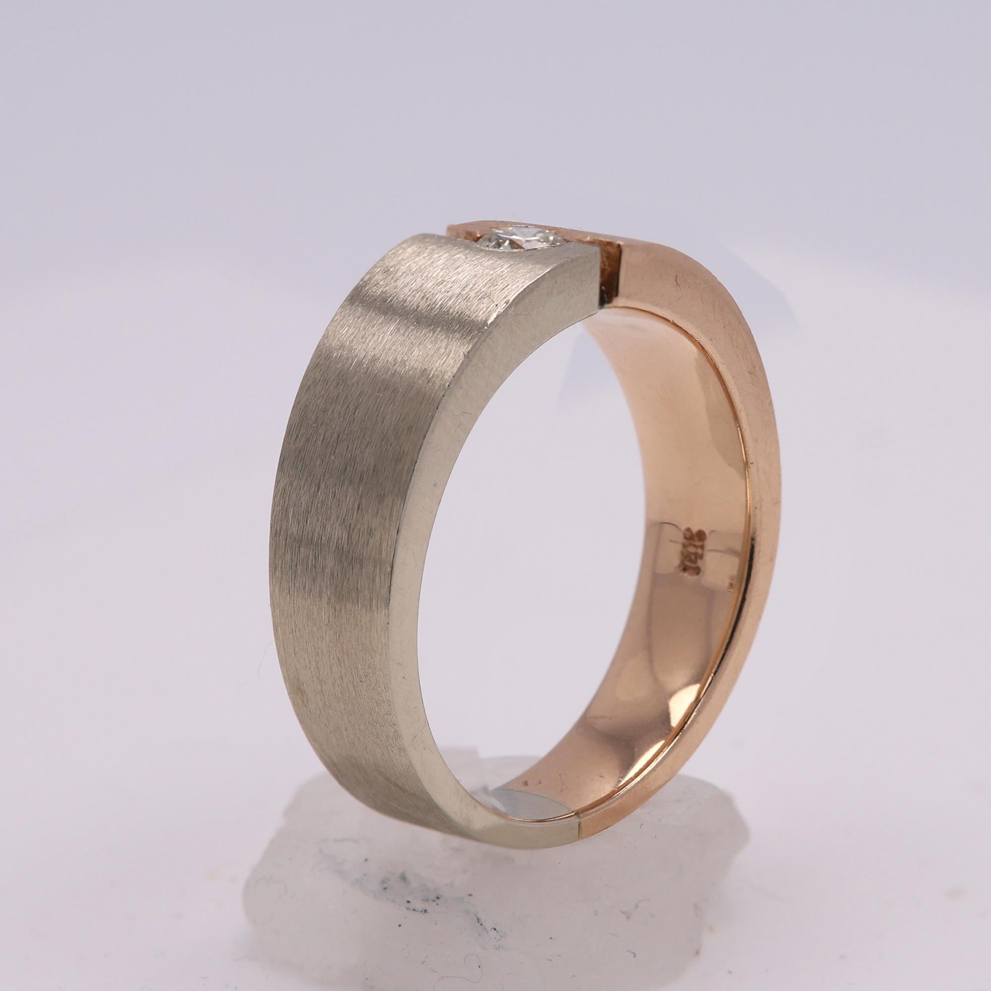 Men Diamond Ring 14 Karat Two Tone Brushed Gold Mens Band Rose and White Gold In Excellent Condition In Brooklyn, NY
