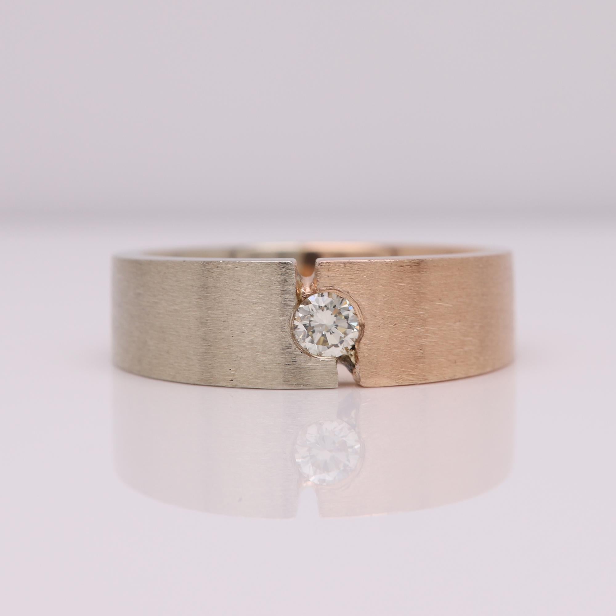 Men's Men Diamond Ring 14 Karat Two Tone Brushed Gold Mens Band Rose and White Gold
