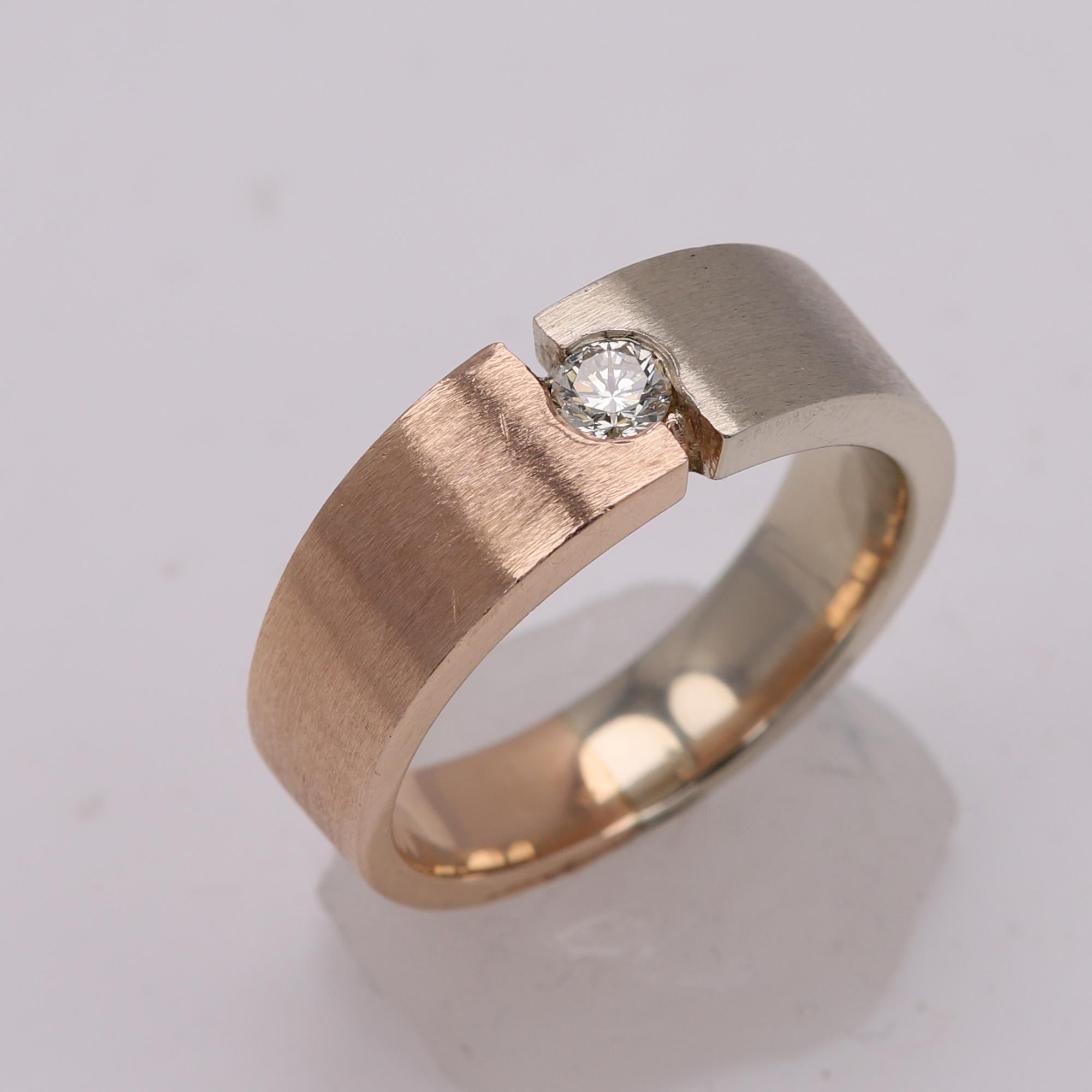 Men Diamond Ring 14 Karat Two Tone Brushed Gold Mens Band Rose and White Gold 2