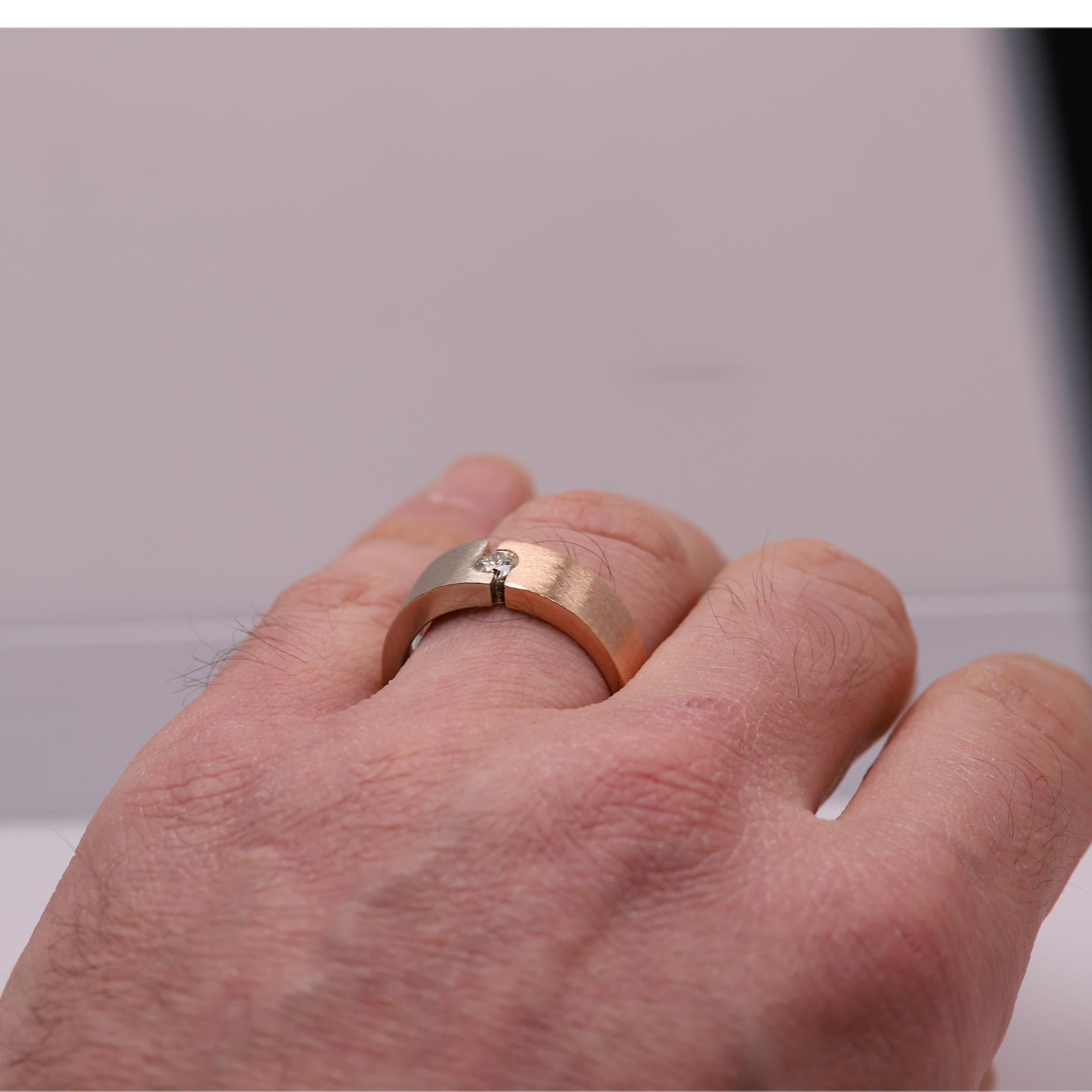 Men Diamond Ring 14 Karat Two Tone Brushed Gold Mens Band Rose and White Gold 3