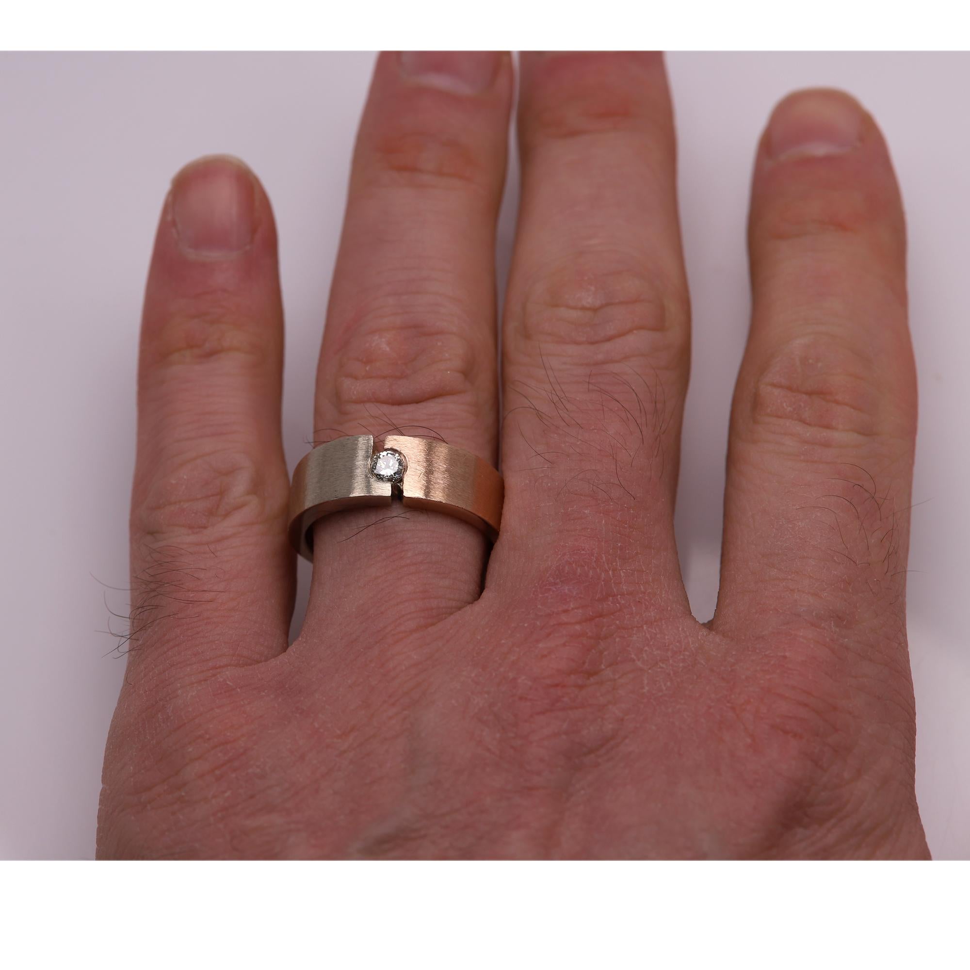 Men Diamond Ring 14 Karat Two Tone Brushed Gold Mens Band Rose and White Gold 4