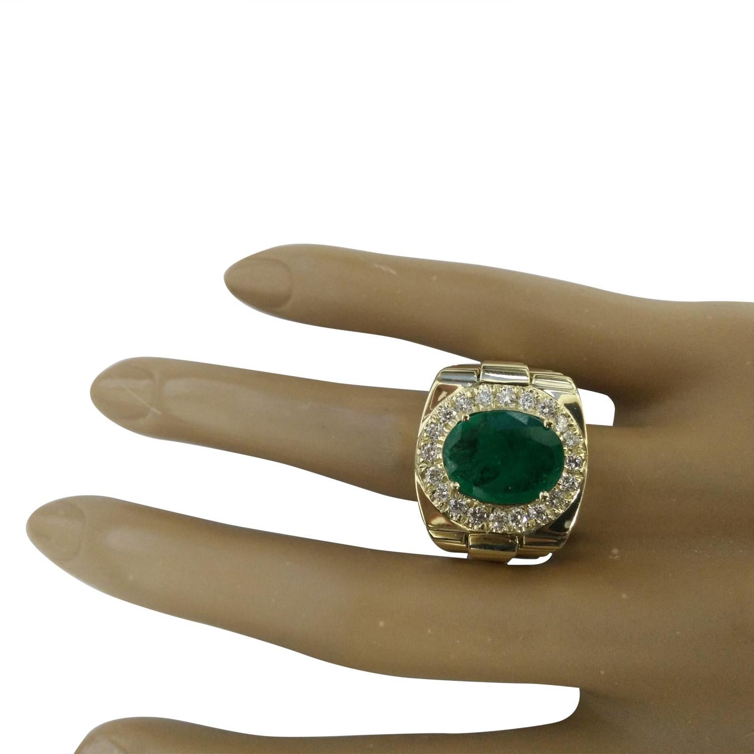 4.59 Carat Natural Emerald 14 Karat Solid Yellow Gold Diamond Ring
Stamped: 14K 
Total Ring Weight: 14 Grams 
Emerald Weight: 3.74 Carat (12.00x10.00 Millimeters)
Diamond Weight: 0.85 Carat (F-G Color, VS2-SI1 Clarity)
Quantity: 20 
Face Measures: