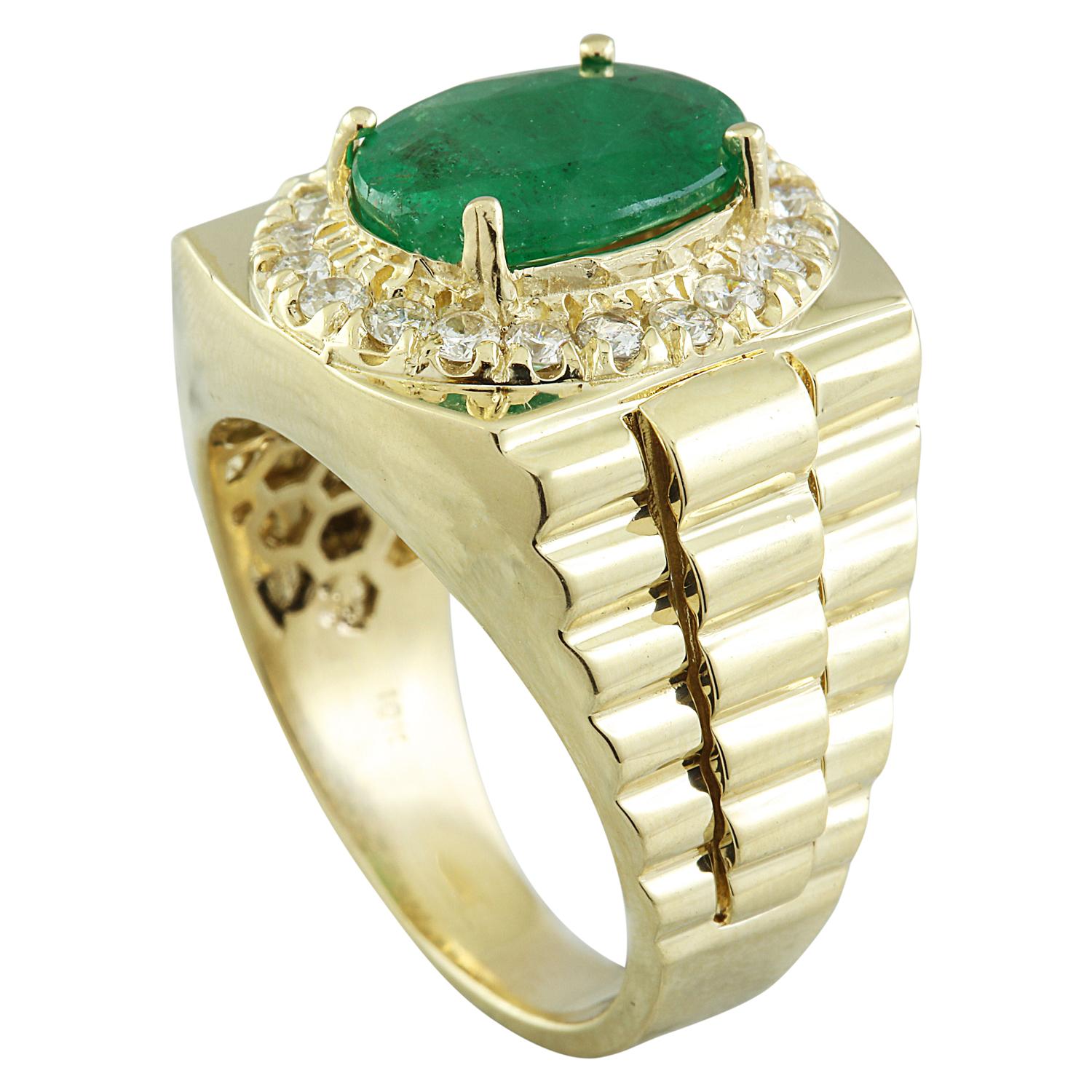 Oval Cut Men Emerald Diamond Ring In 14 Karat Yellow Gold For Sale
