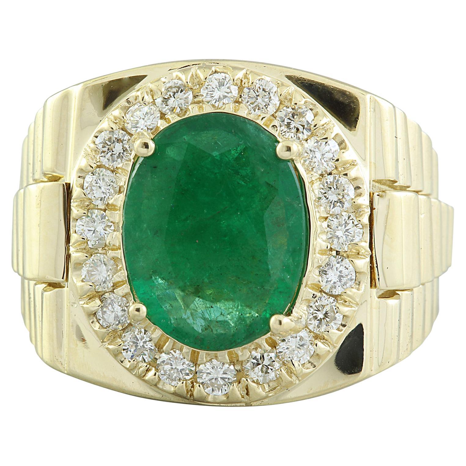 Men Emerald Diamond Ring In 14 Karat Yellow Gold For Sale