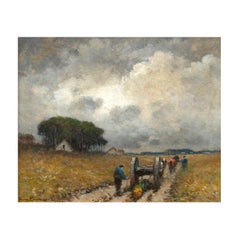 “Men Hauling Logs” Antique American Barbizon Oil Painting by Frank Russell Green