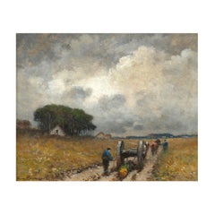 “Men Hauling Logs” Antique American Barbizon Oil Painting by Frank Russell Green