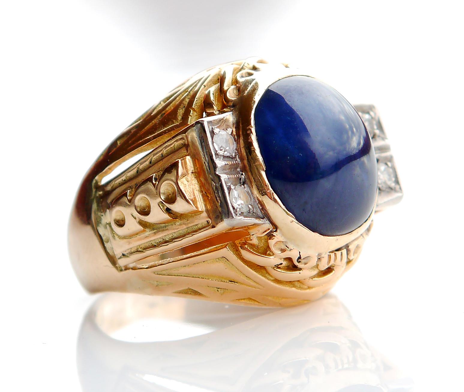 Art Deco Men Ring natural 10.5 ct Sapphire Diamonds solid 18K Yellow Gold Size US8 / 13gr For Sale