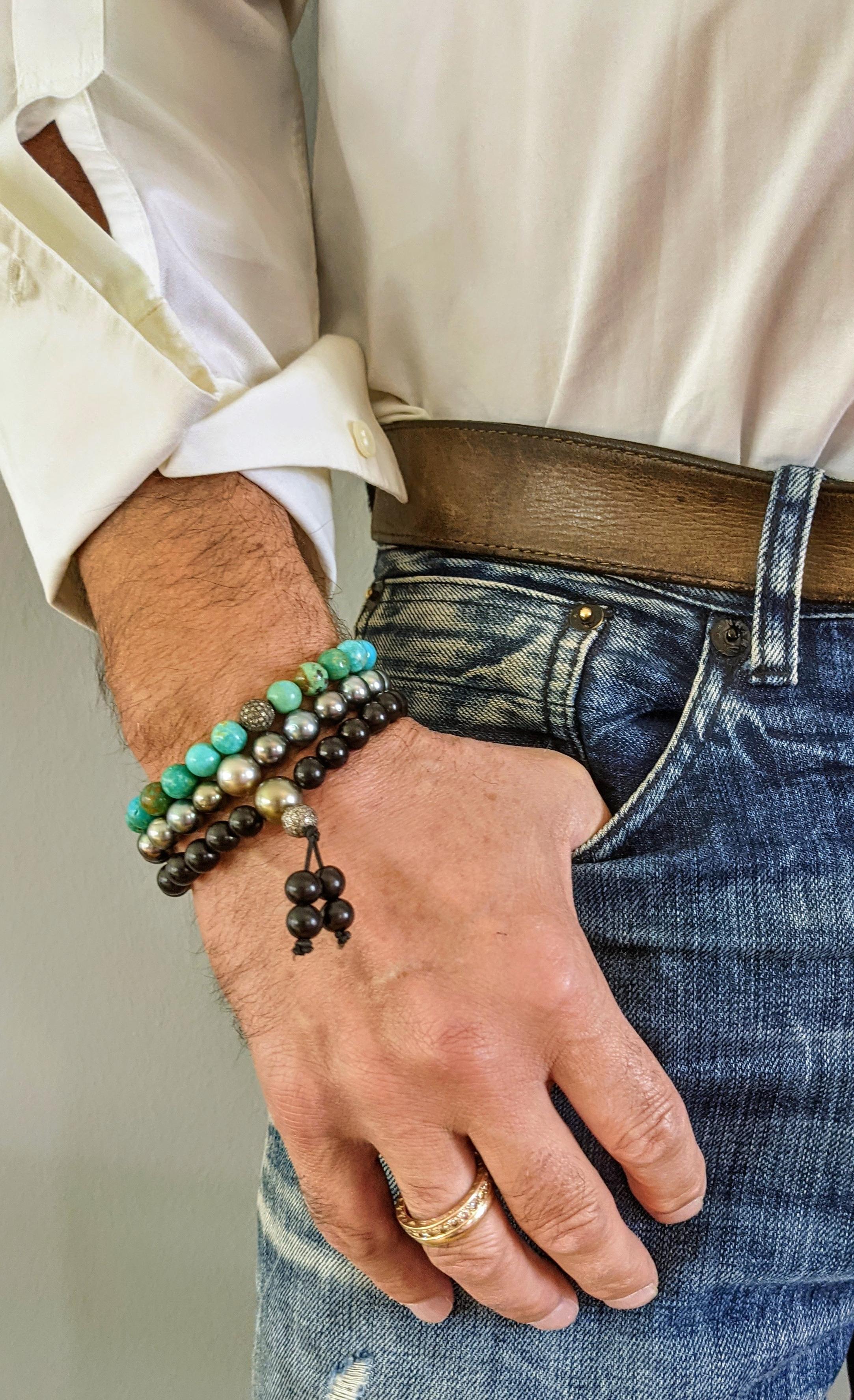 Grezzo Bracciale da uomo - Bracciale di perle di Tahiti con chiusura a cordoncino in vendita