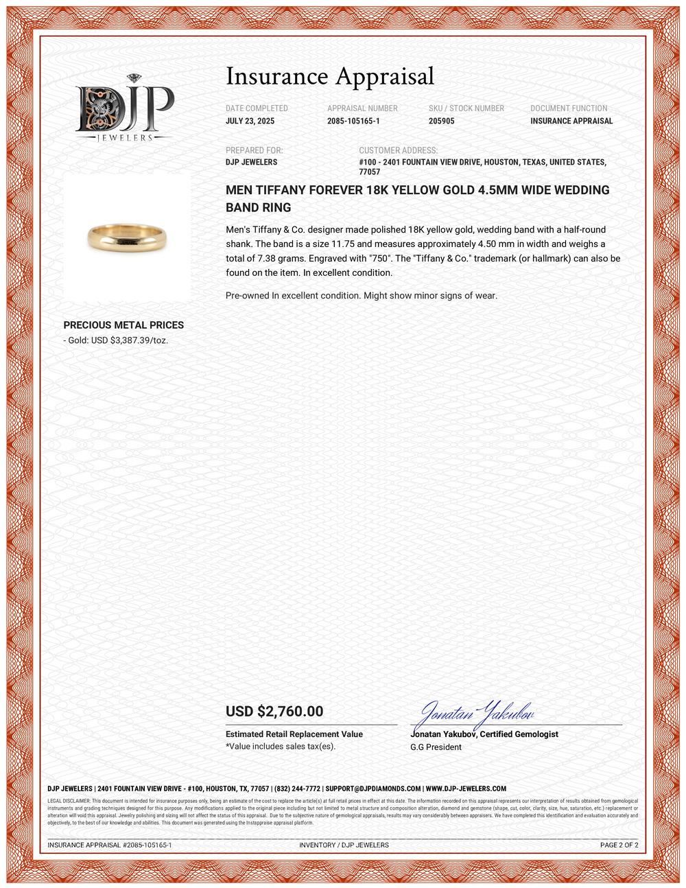 Homme Tiffany Forever Anneau de mariage 4.5mm en or jaune 18K en vente 3