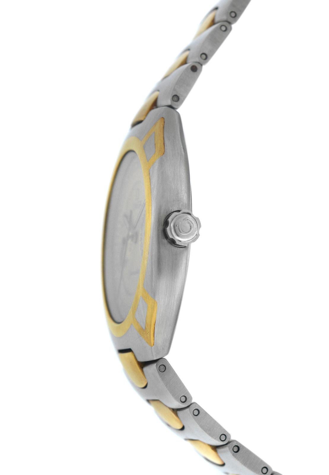 Brand	Omega
Model	Seamaster Polaris 
Gender	Mens Unisex
Condition	Pre-owned
Movement	Swiss Quartz
Case Material	Stainless Steel & Yellow Gold
Bracelet / Strap Material	
Stainless Steel & Yellow Gold

Clasp / Buckle Material	
Stainless Steel

Clasp