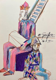 Colorful Figurative Pastel Drawing with Harlequin and King, Expressionism, 1991