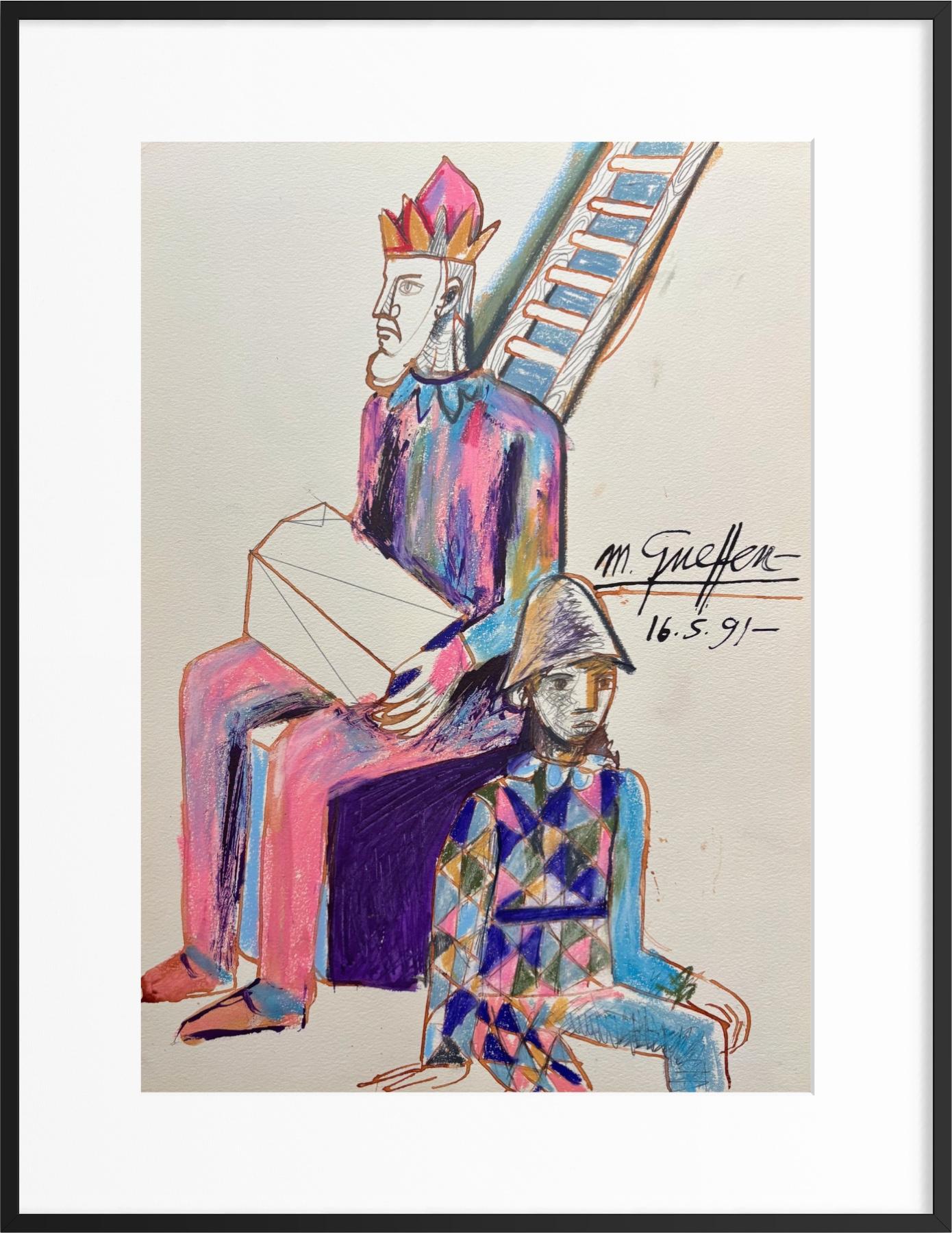Menachem Gueffen Figurative Art - Colorful Figurative Pastel Drawing with Harlequin and King, Expressionism, 1991