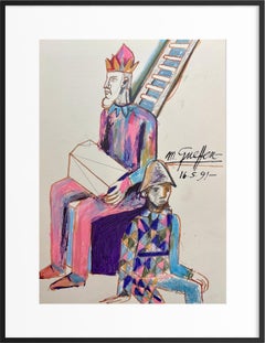 Colorful Figurative Pastel Drawing with Harlequin and King, Expressionism, 1991