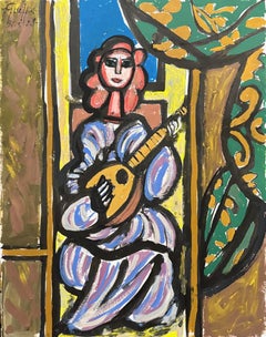 Mujer figurativa de colores tocando la mandolina, gouache expresionista sobre papel