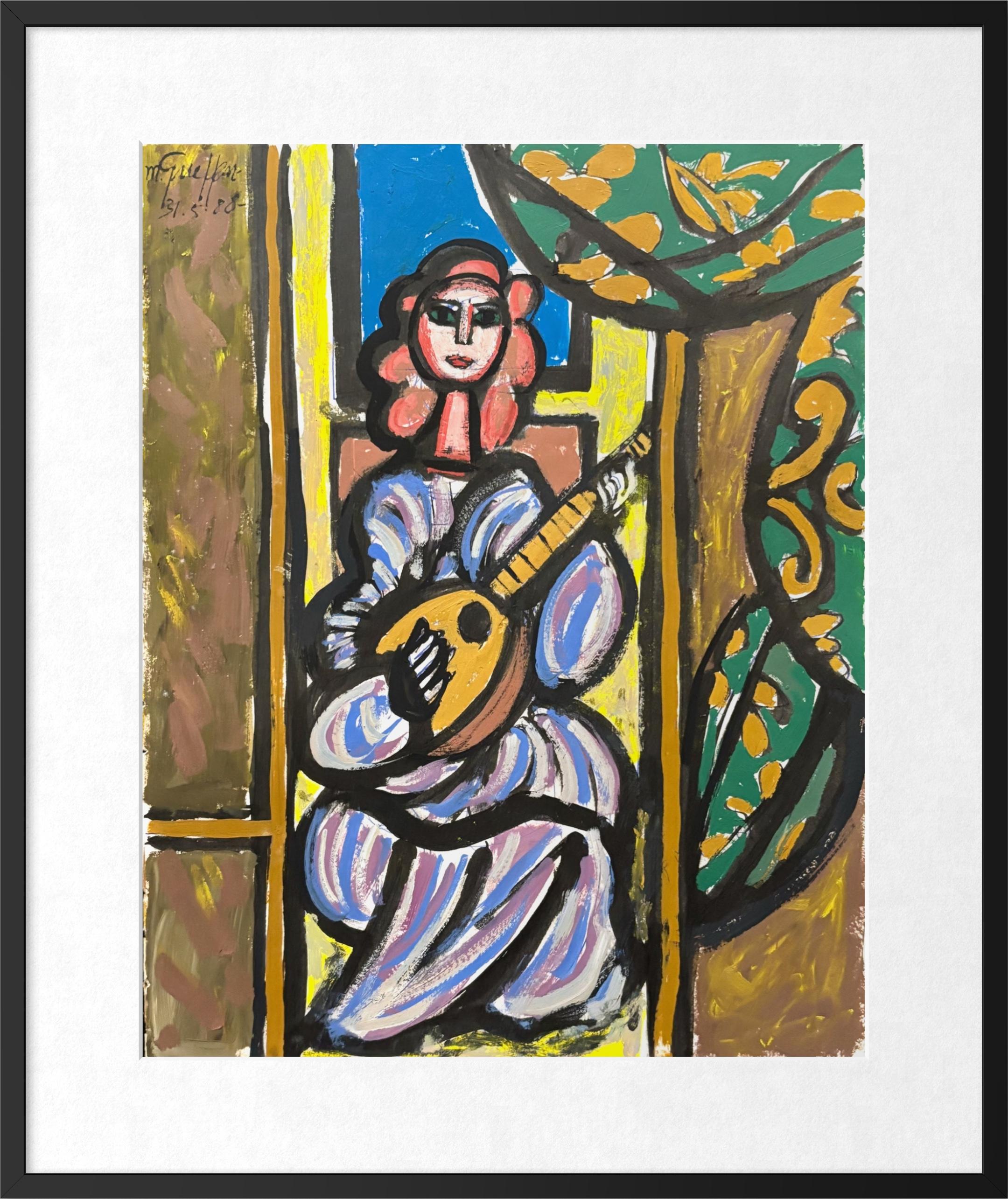 Menachem Gueffen Portrait Painting - Colorful Figurative Woman Playing Mandolin, Expressionist Gouache on Paper