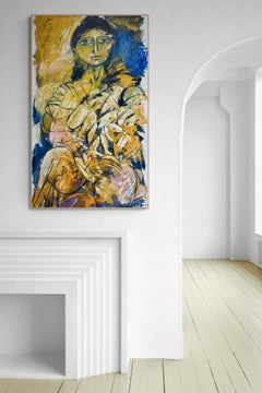Impasto Expressionist Portrait of a Woman in Yellow and Blue, Oil on Canvas