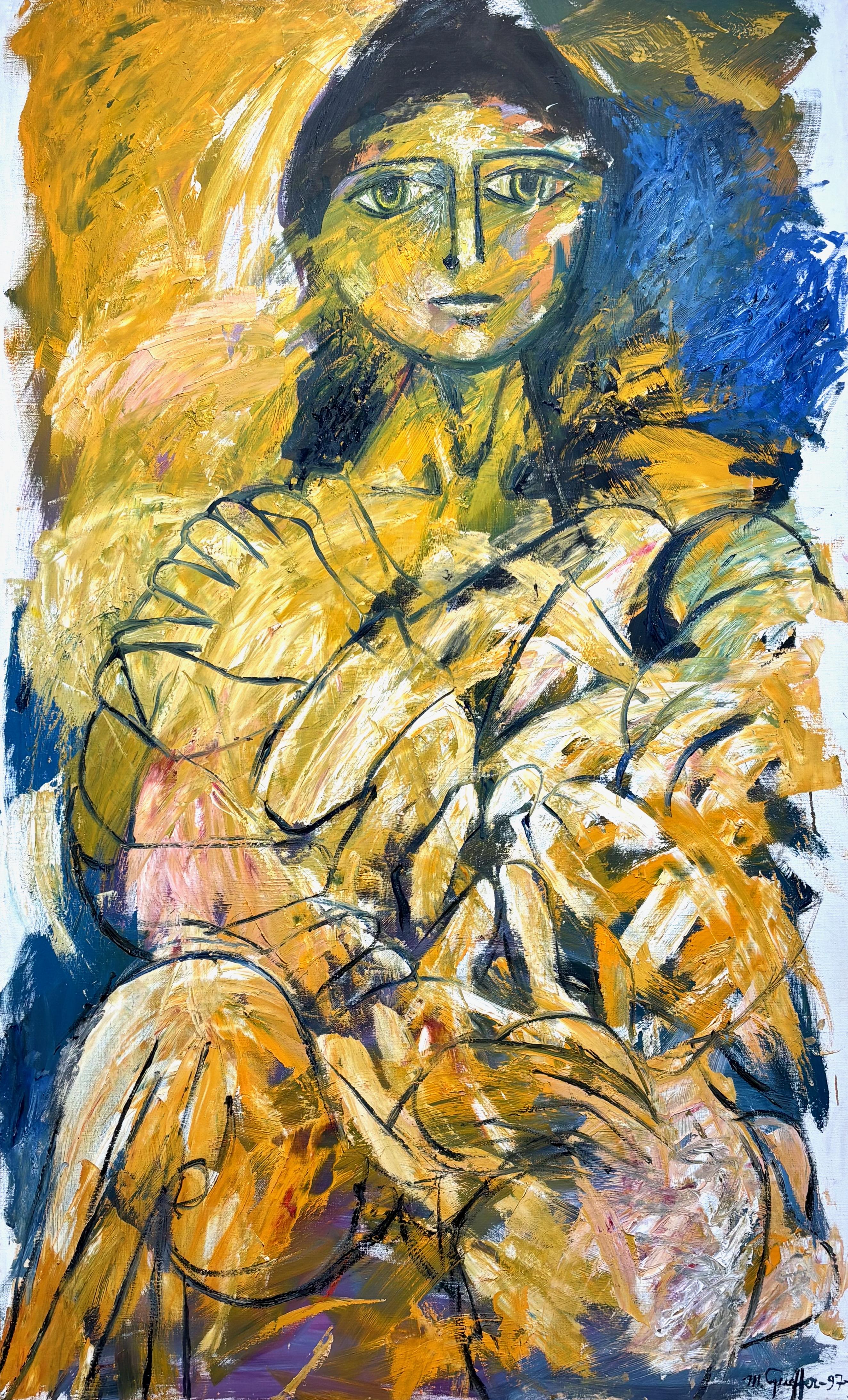 Impasto Expressionist Portrait of a Woman in Yellow and Blue, Oil on Canvas
