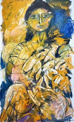 Impasto Expressionist Portrait of a Woman in Yellow and Blue, Oil on Canvas