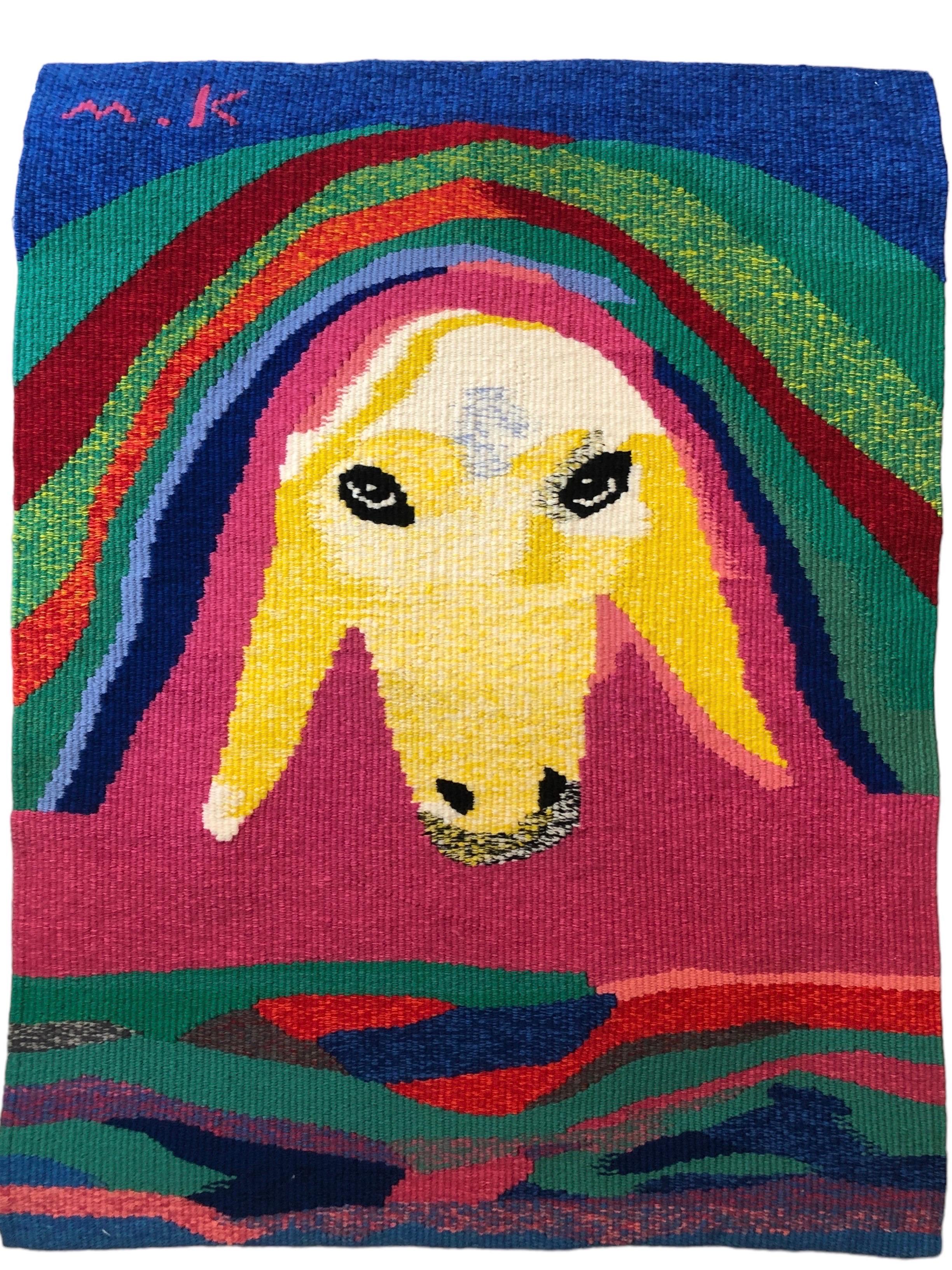  Israelischer handgewebter, farbenfroher Wandteppich aus Wolle, gewebt, Menashe Kadishman, Schafskopf  im Angebot 9